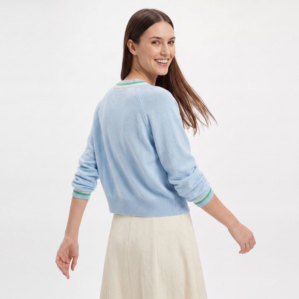 Contrast Stripe V-Neck Button-Front Knit Cardigan