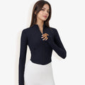 Full-Zip Ribbed Long Sleeve Top with Thumbholes and High Collar