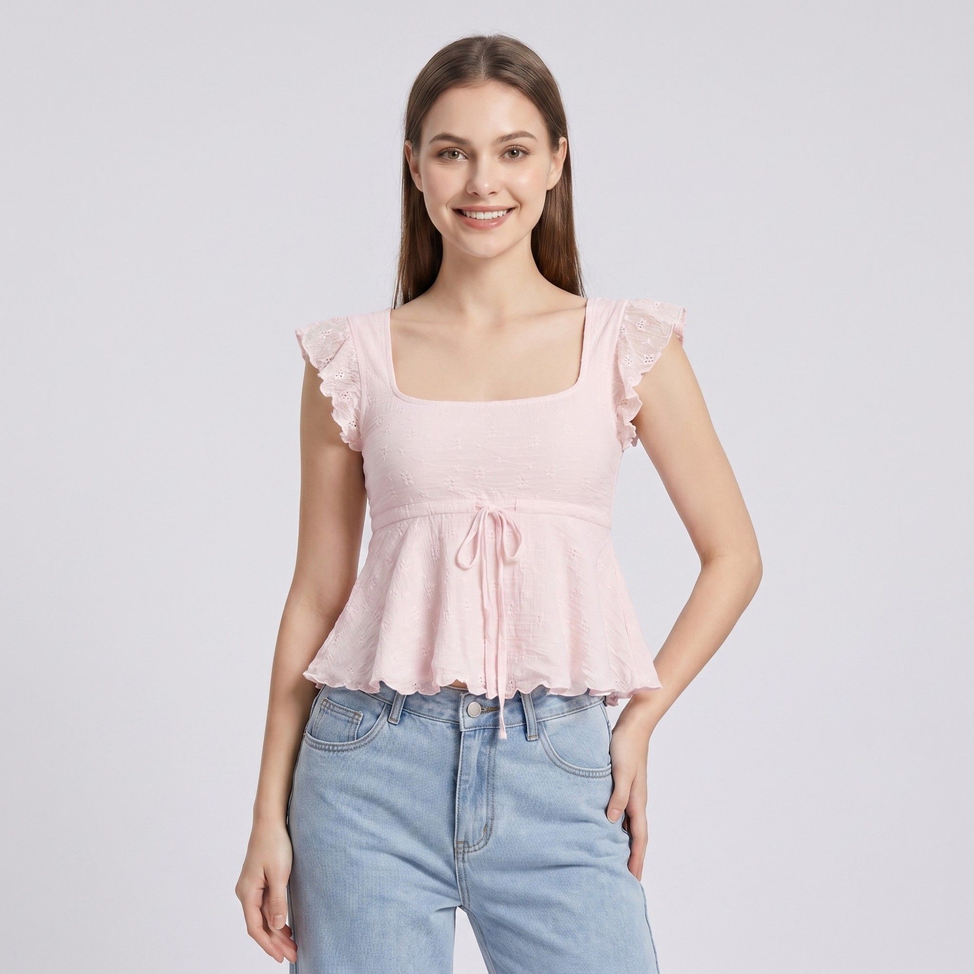 Anna-Kaci Womens Square Neck Peplum Top with Ruffle Cap Sleeves Front Tie Detail and Textured Fabric