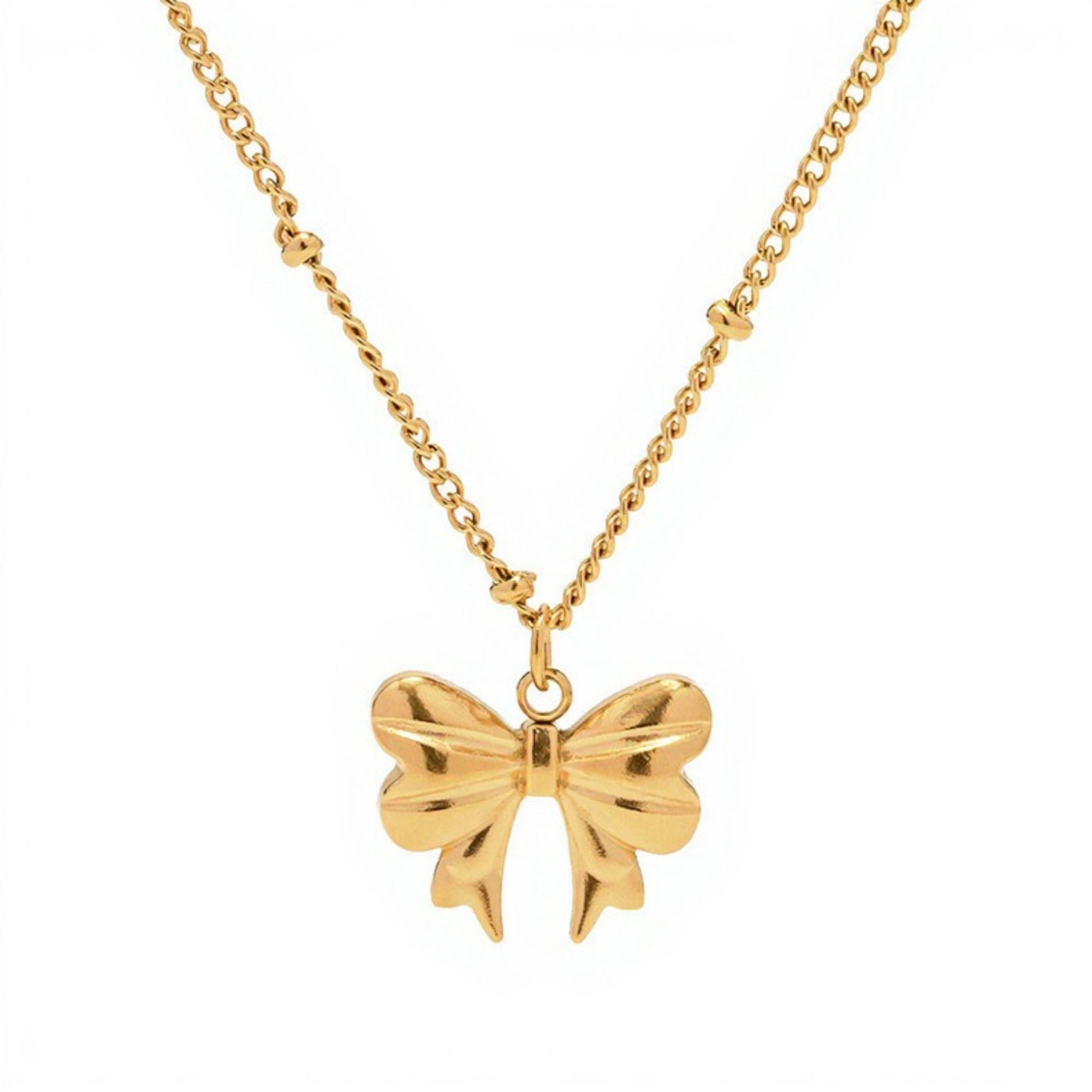 Bow Pendant Necklace with Sculpted Ribbon Charm Minimalist Chain Jewelry