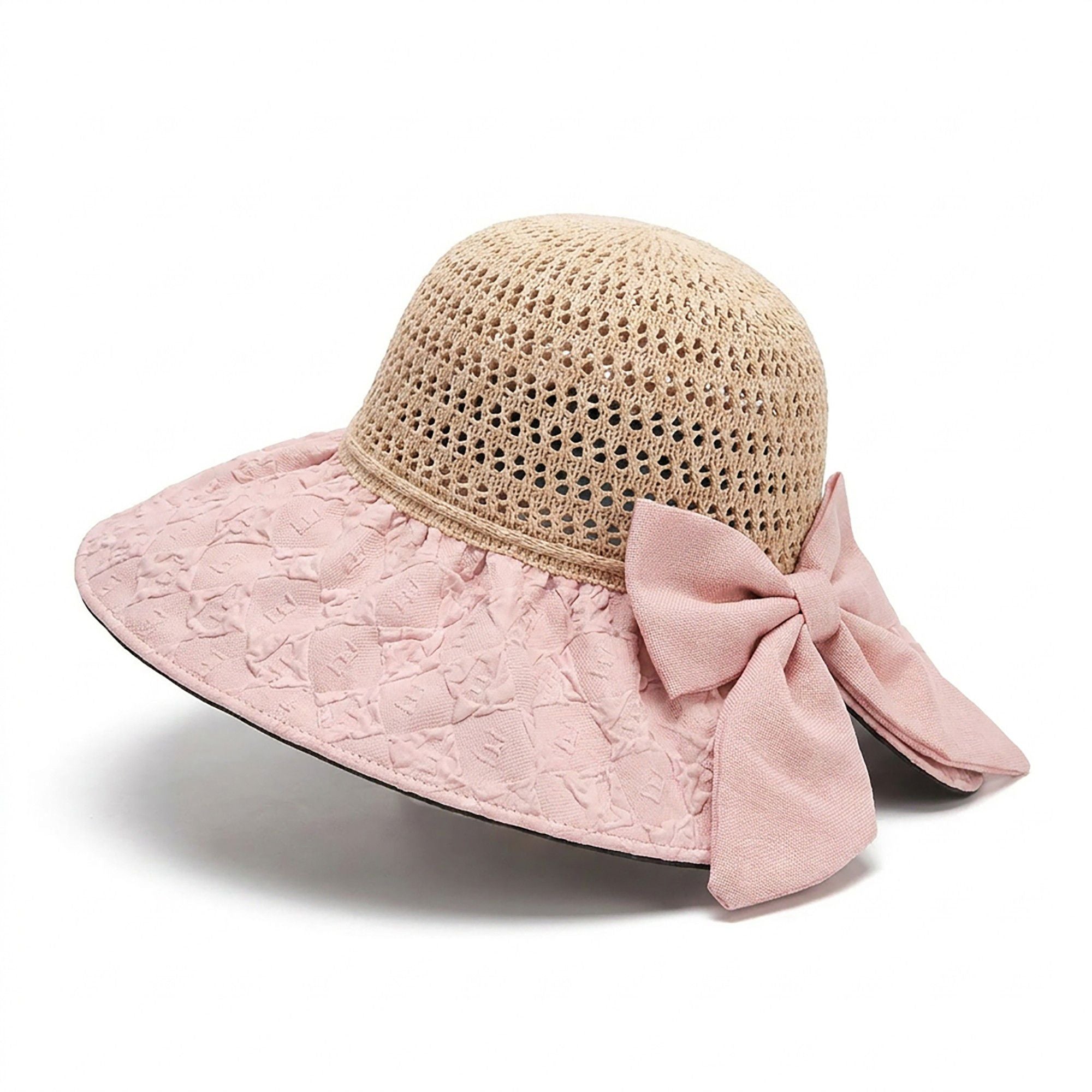 Wide Brim Crochet Sun Hat with Bow Accent and Textured Fabric Brim