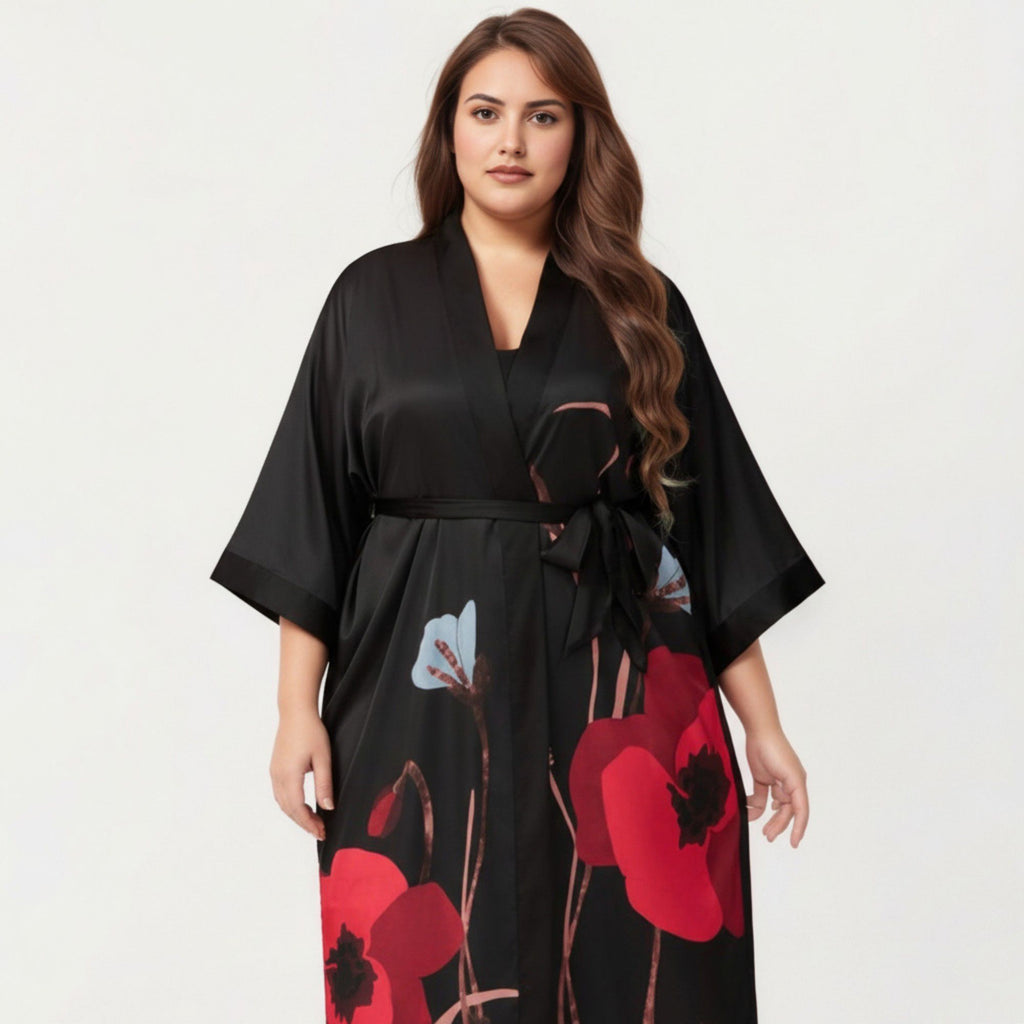 Anna-Kaci Lounge Women's Plus Size 2-Piece Floral Kimono Robe Set with Short Sleeve Open Front Longline Cover Up and Matching Inner Dress