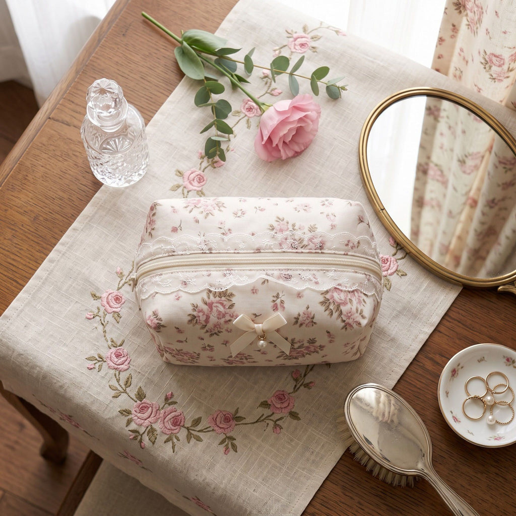 Womens Floral Makeup Bag with Bow Pearl Charm and Zipper Closure