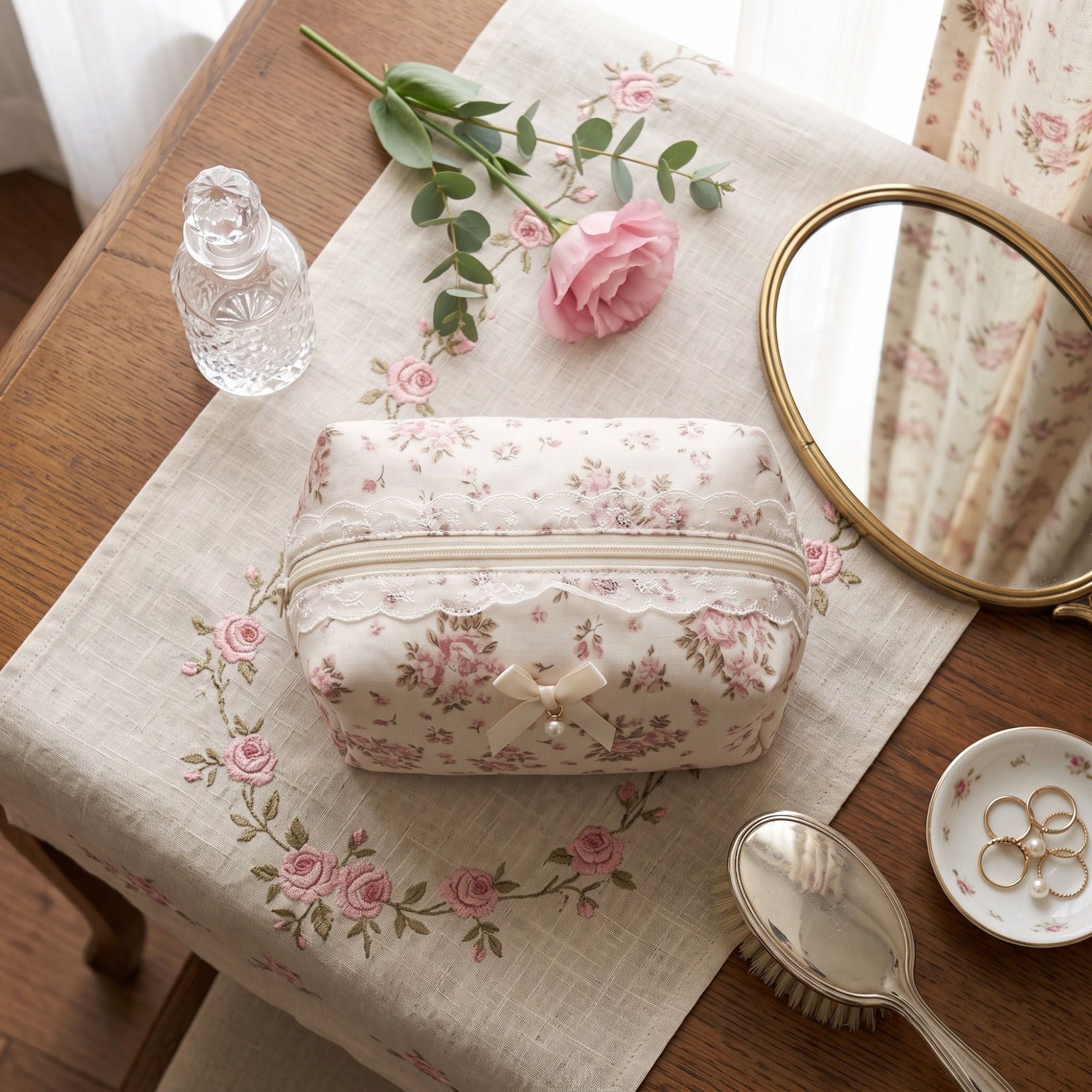 Womens Floral Makeup Bag with Bow Pearl Charm and Zipper Closure