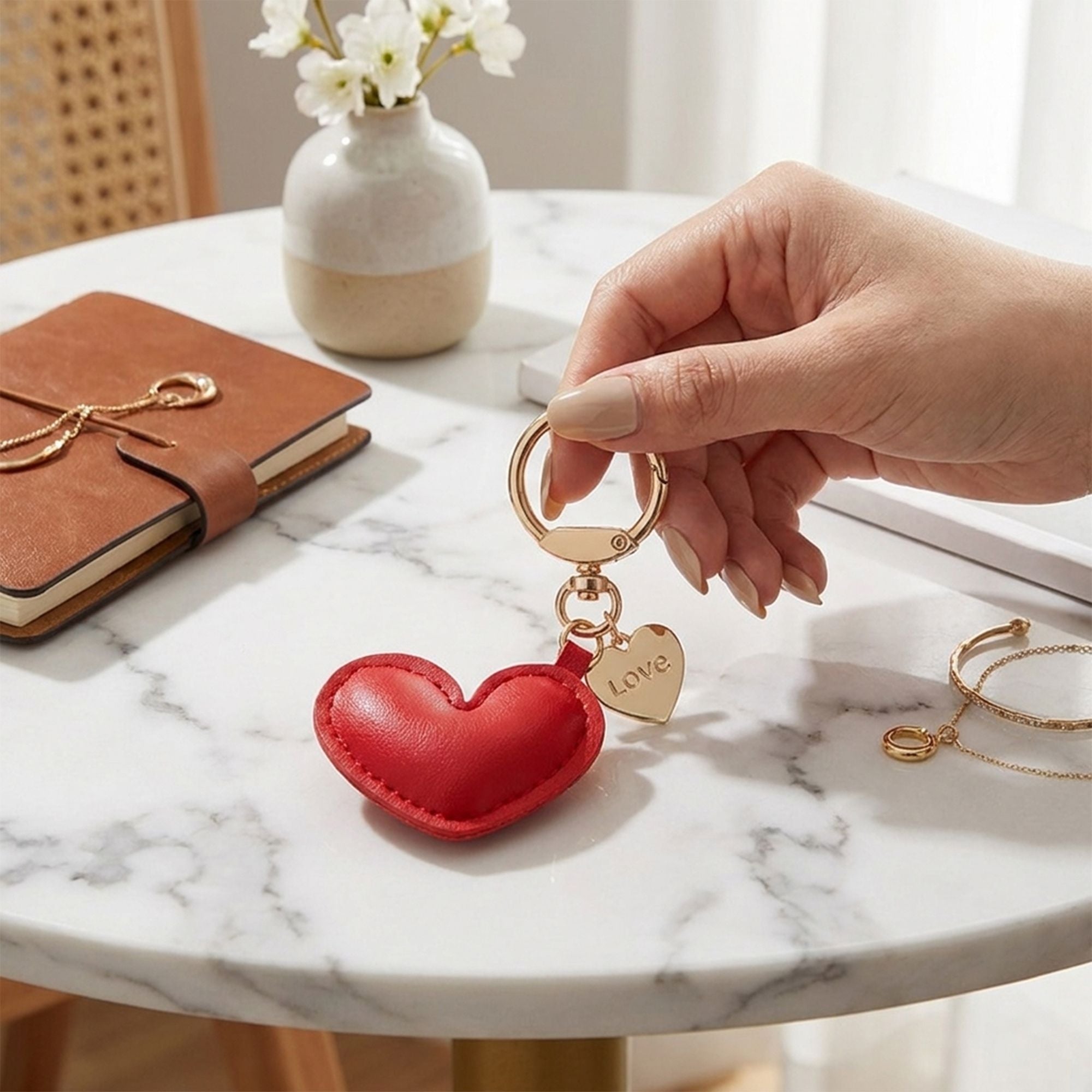 3 Pack Heart Keychains with Love Charm and Gold Tone Ring Clip