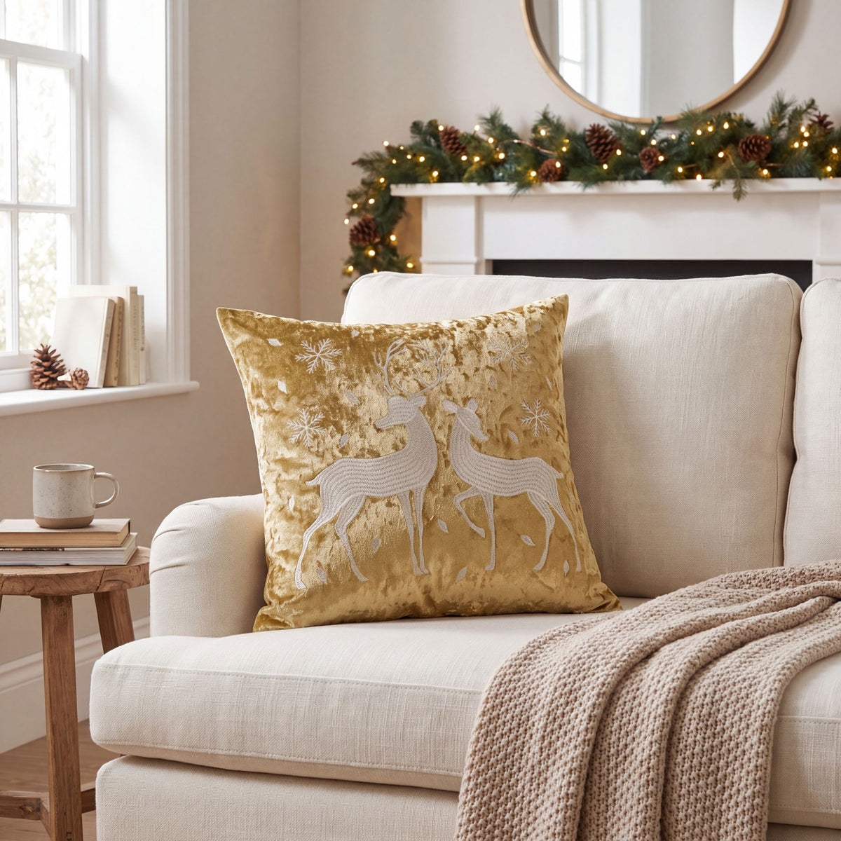 Christmas Reindeer Embroidered Velvet Throw Pillow Cover Gold Holiday Decor