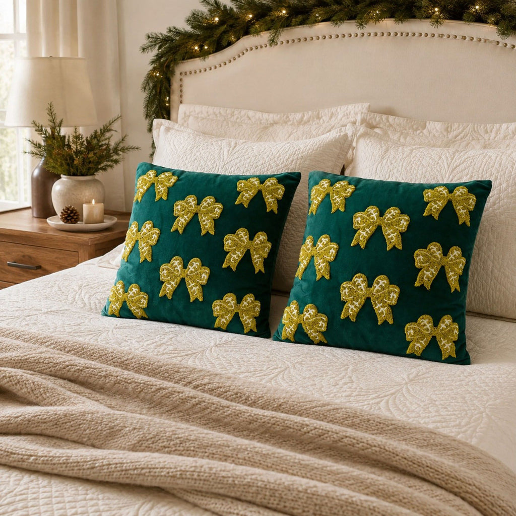 2 Pack Christmas Tree Bow Embroidered Velvet Pillow Covers