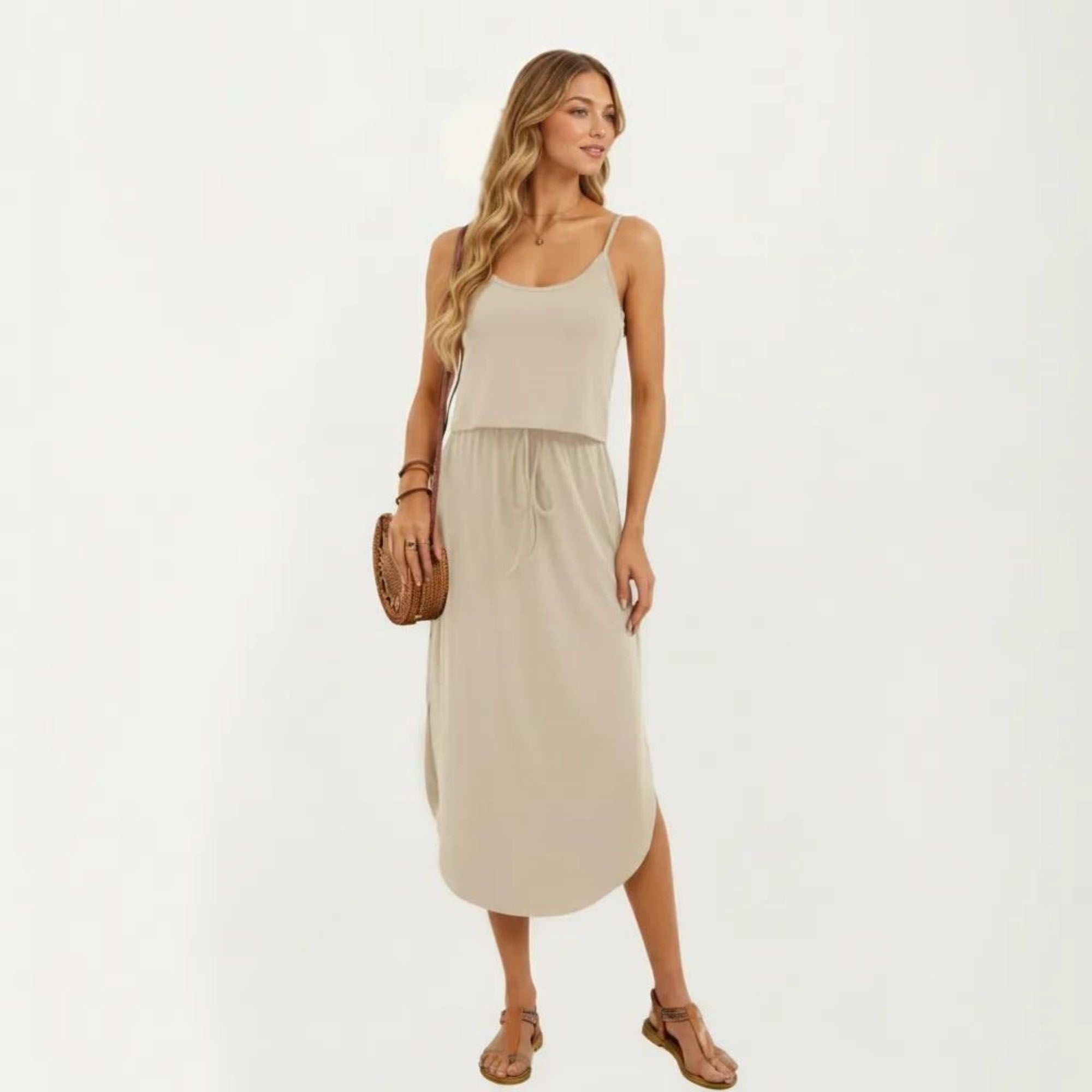 Anna-Kaci Women's Sleeveless Midi Dress with Spaghetti Straps and Adjustable Drawstring Waist Relaxed Fit Silhouette