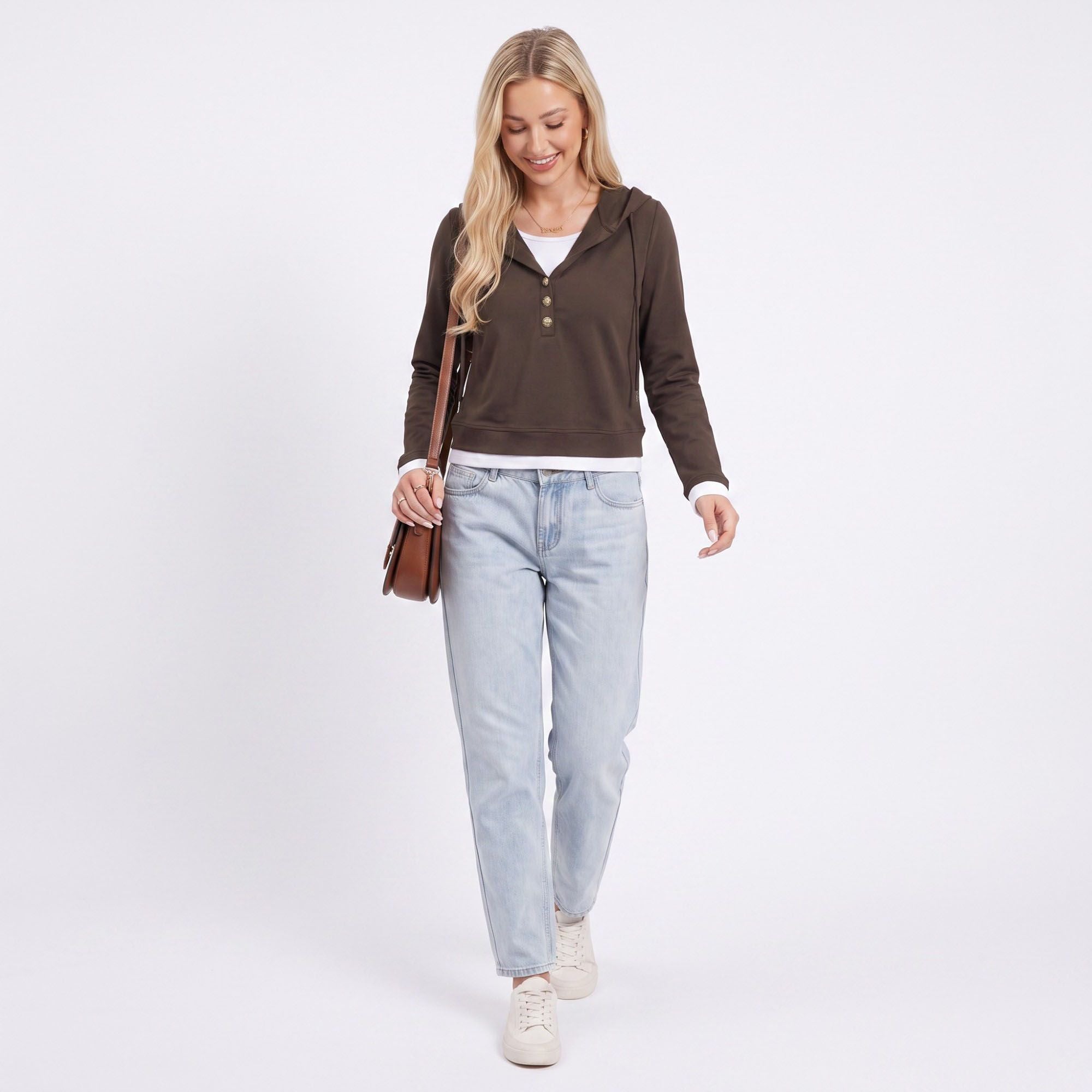 Hooded Long Sleeve Pullover Top with Button Detail and Contrast Trim