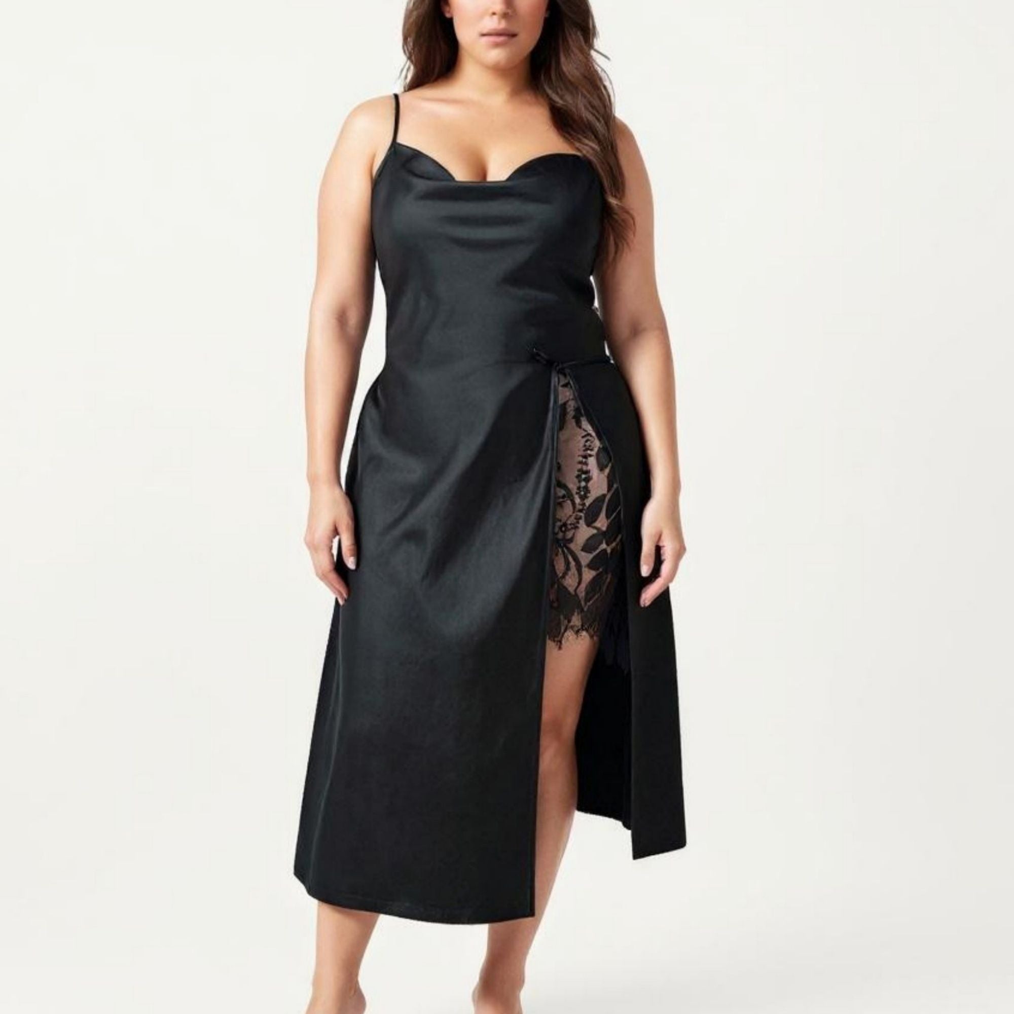Anna-Kaci Lounge Women's Plus Size Satin Wrap Nightgown with Lace Trim Adjustable Spaghetti Straps Side Tie Midi Length Sleepwear Dress