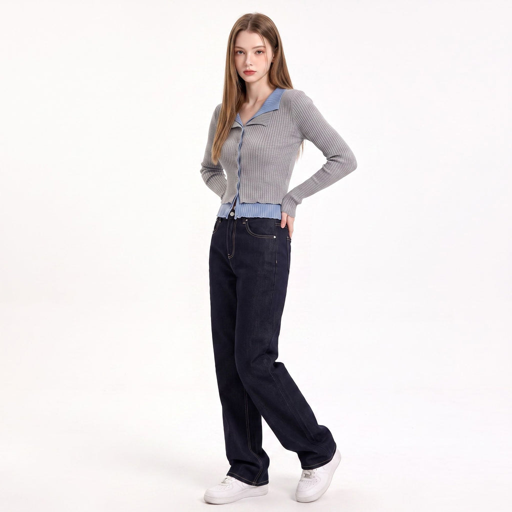Layered Collar Ribbed Button-Front Cardigan Sweater