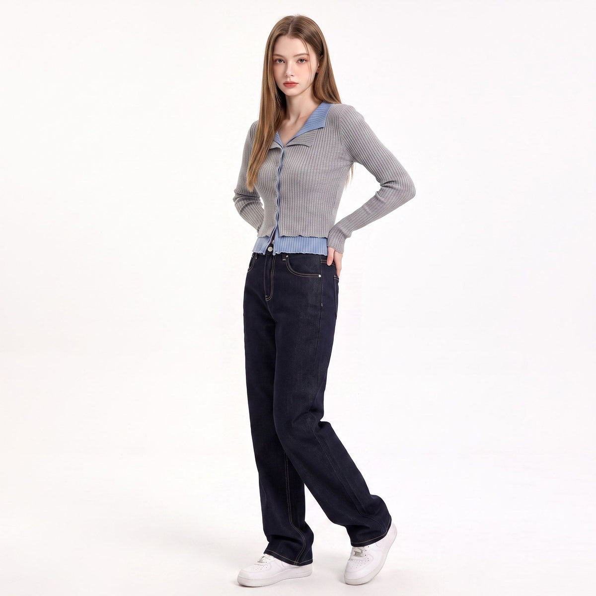 Layered Collar Ribbed Button-Front Cardigan Sweater