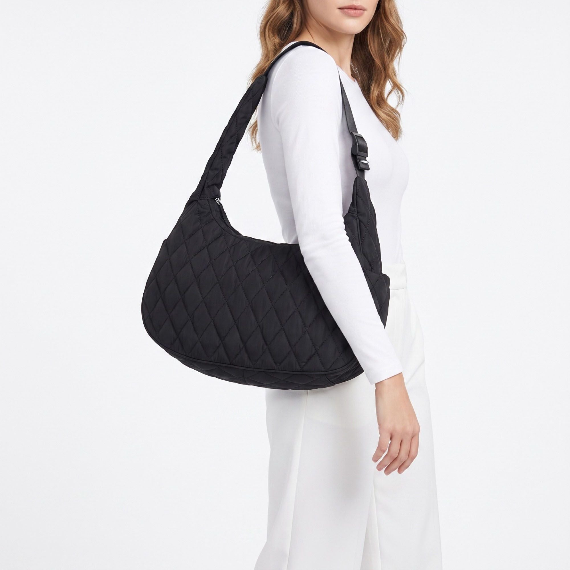 Quilted Hobo Shoulder Bag with Adjustable Strap and Side Pockets 13.5x5.5x9in