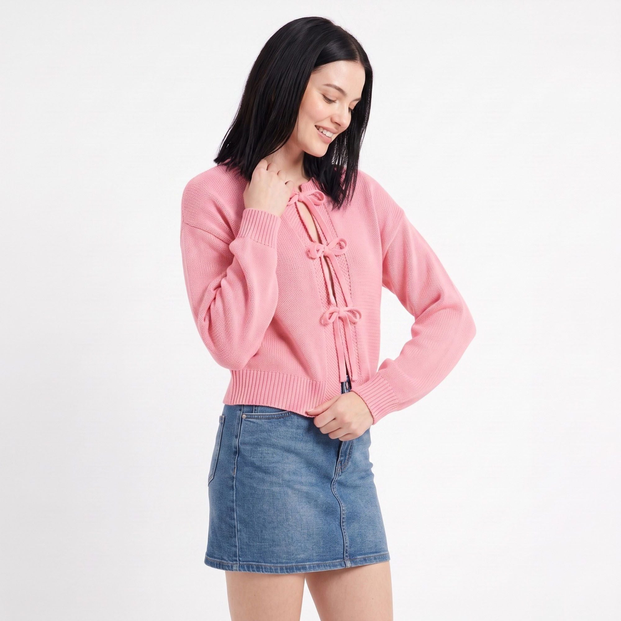 Tie-Front Long Sleeve Cropped Knit Cardigan