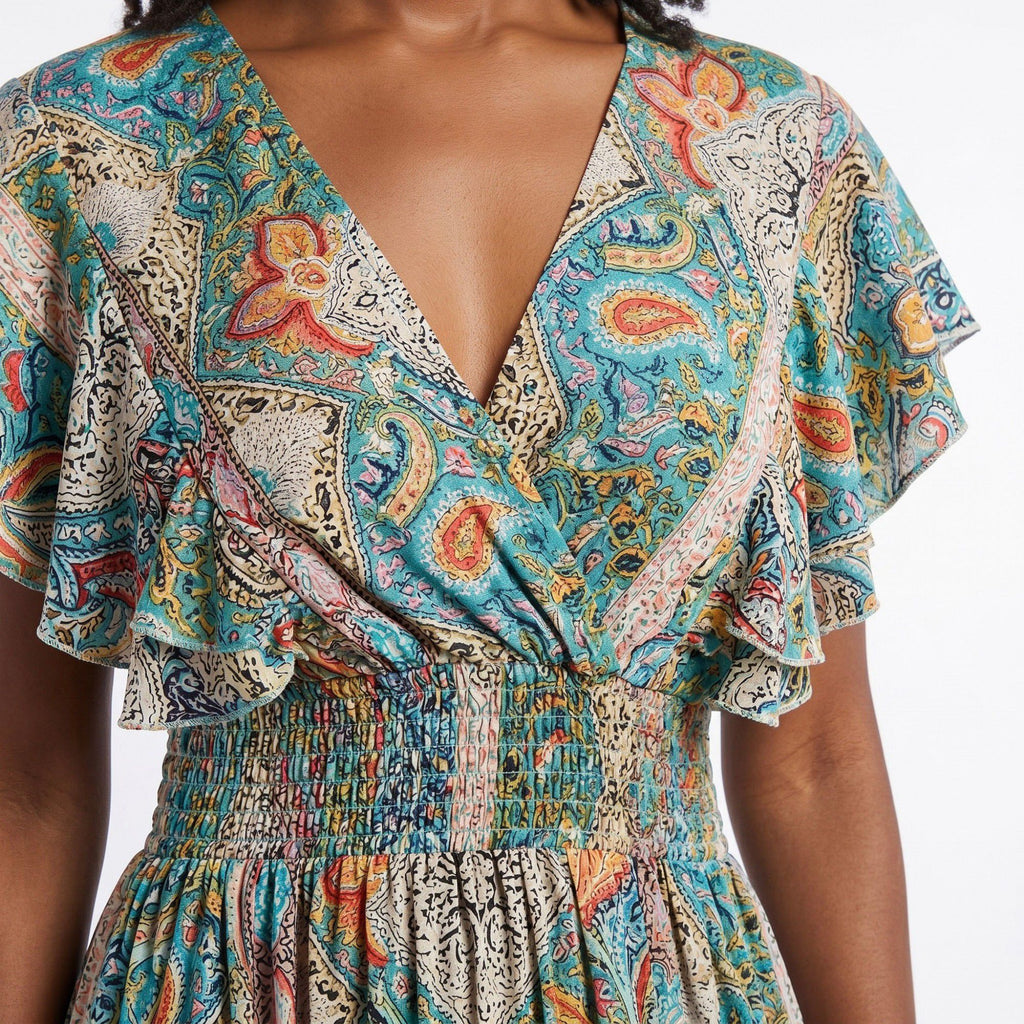 Paisley Print Maxi Dress with V Neck Flutter Sleeves Smocked Waist and Side Slit