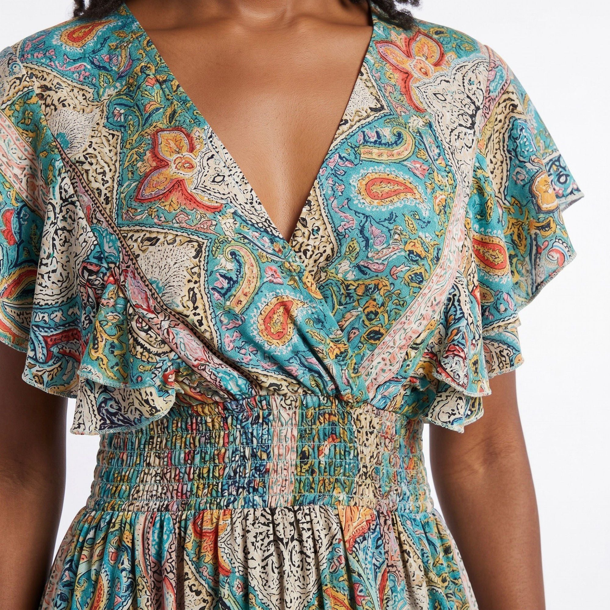 Paisley Print Maxi Dress with V Neck Flutter Sleeves Smocked Waist and Side Slit