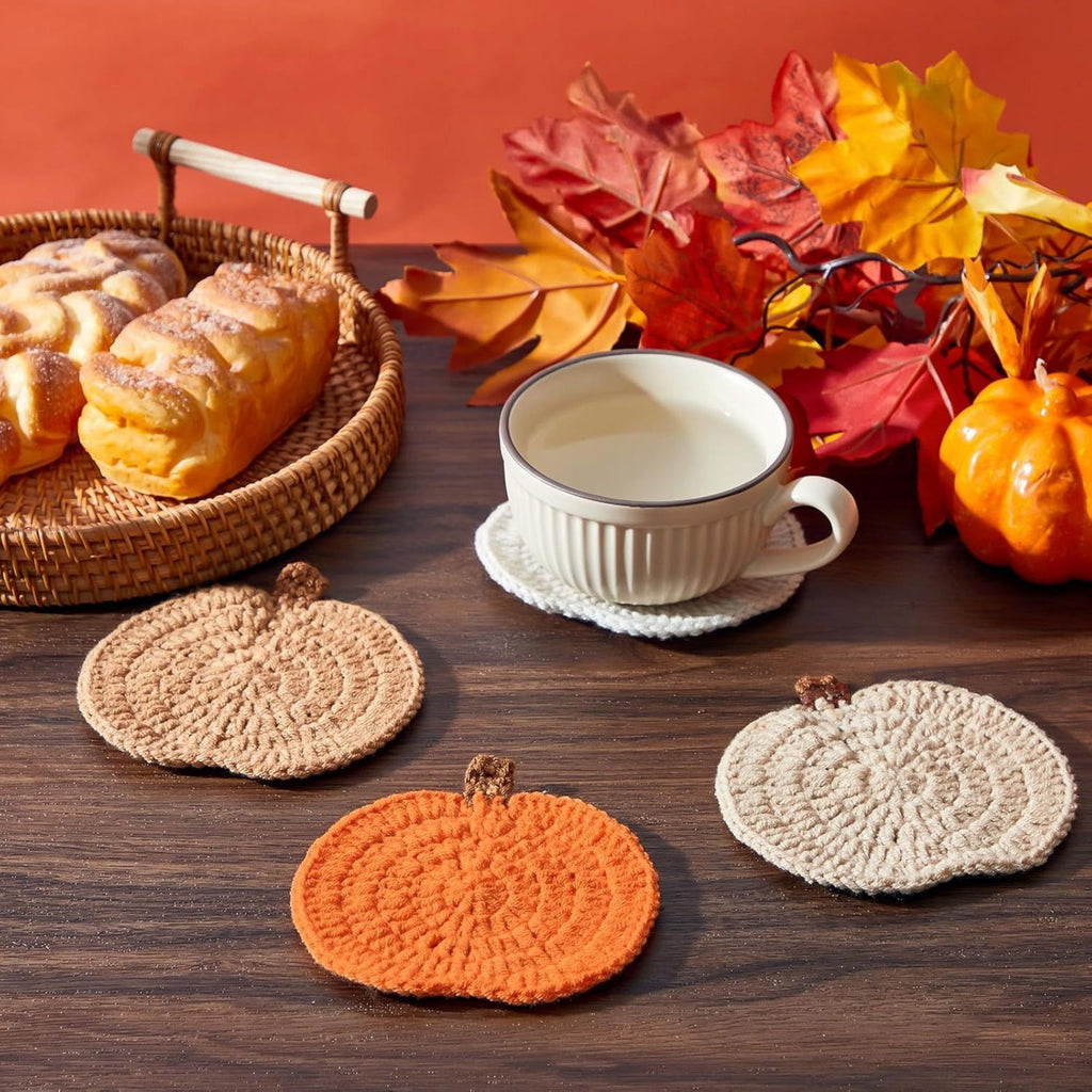 Handmade Crochet Halloween Pumpkin Cup Coaster Set of 4