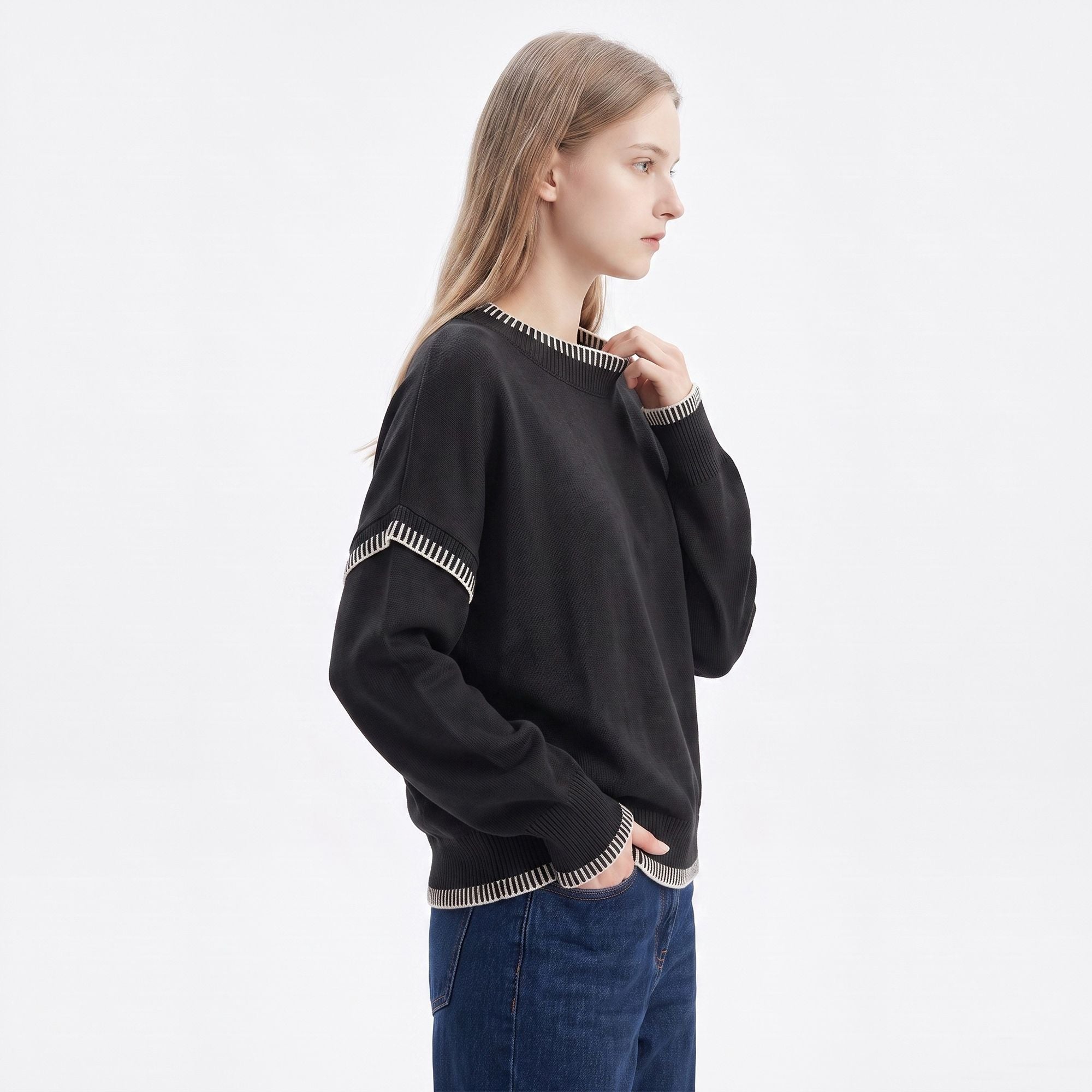 Contrast Stitch Crewneck Long Sleeve Knit Sweater