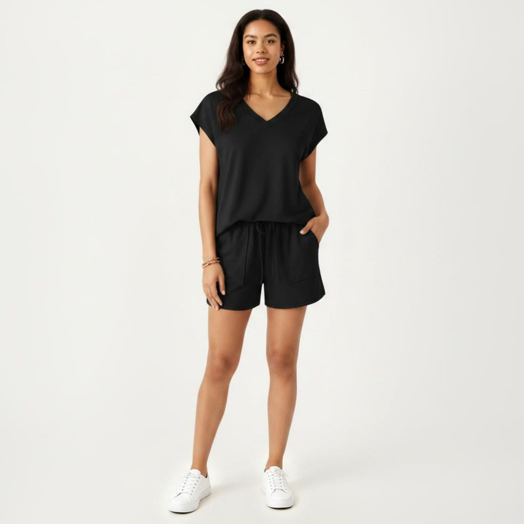 Anna-Kaci Women's 2-Piece Set Short Sleeve V Neck Top and Drawstring Shorts with Pockets Relaxed Fit Lounge Set
