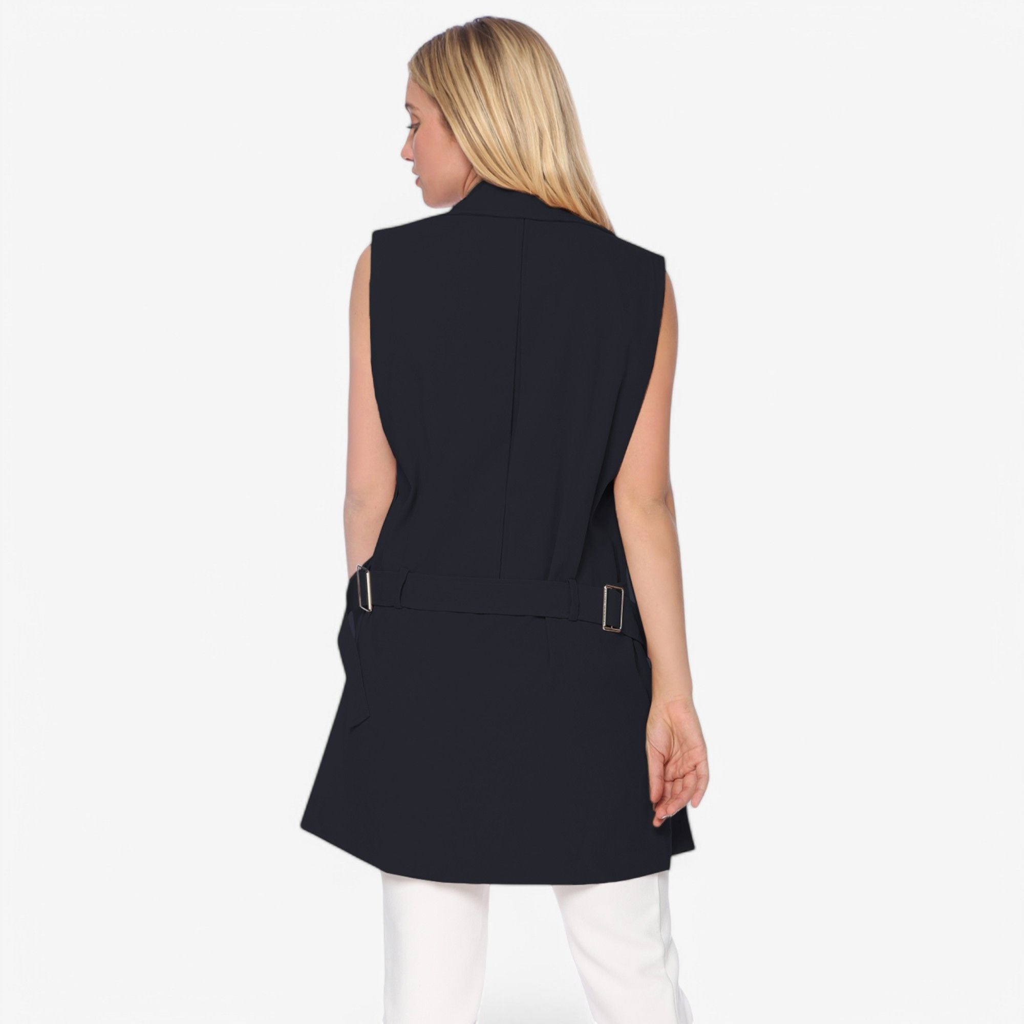 Anna-Kaci Women's Sleeveless Trench Coat with Button Front and Pocket Detail