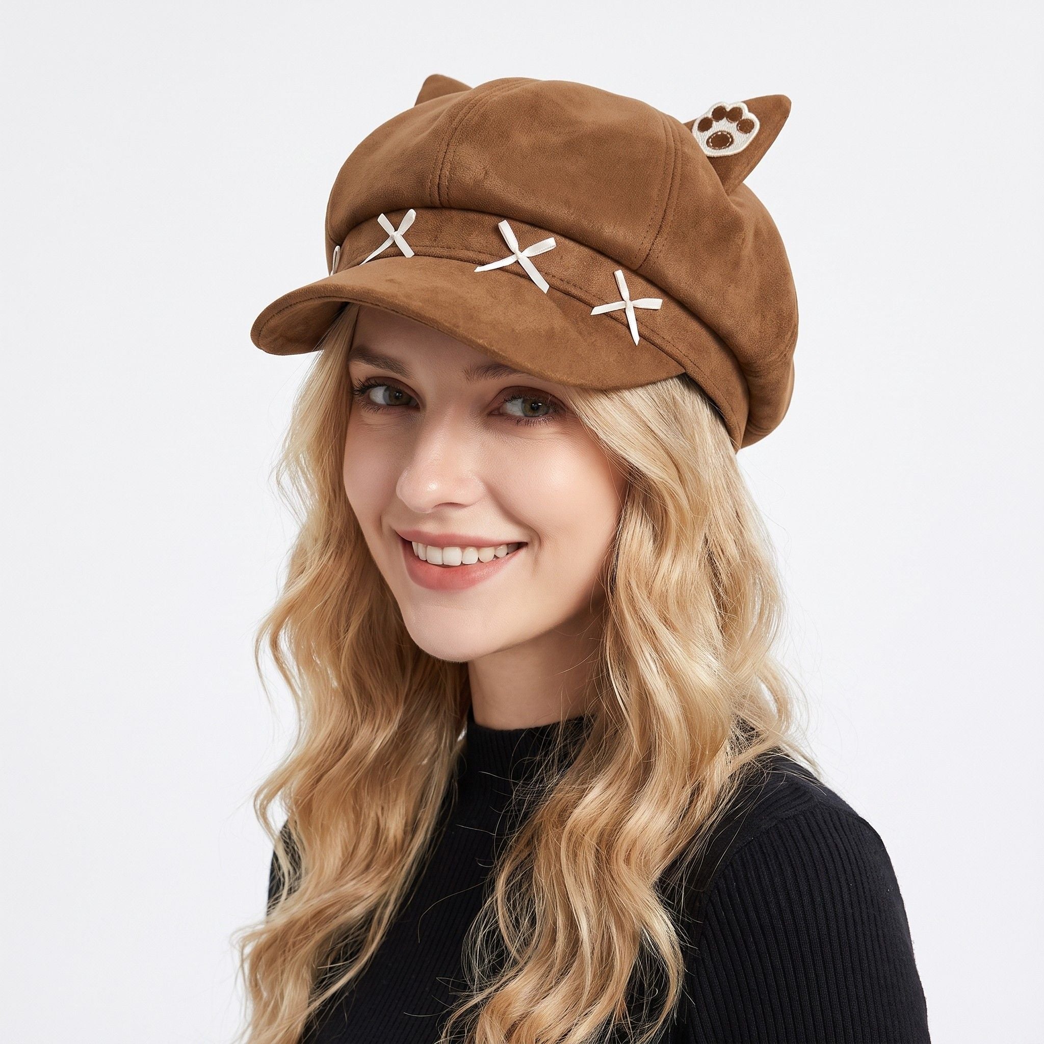 Cat Ear Newsboy Cap Cute Baker Boy Hat Bow Detail Short Brim Casual Style