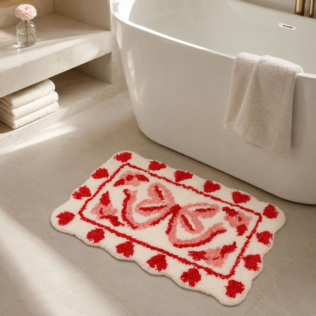 Bow and Heart Shaped Bath Mat Nonslip Accent Rug 15.7 x 23.6 Inches
