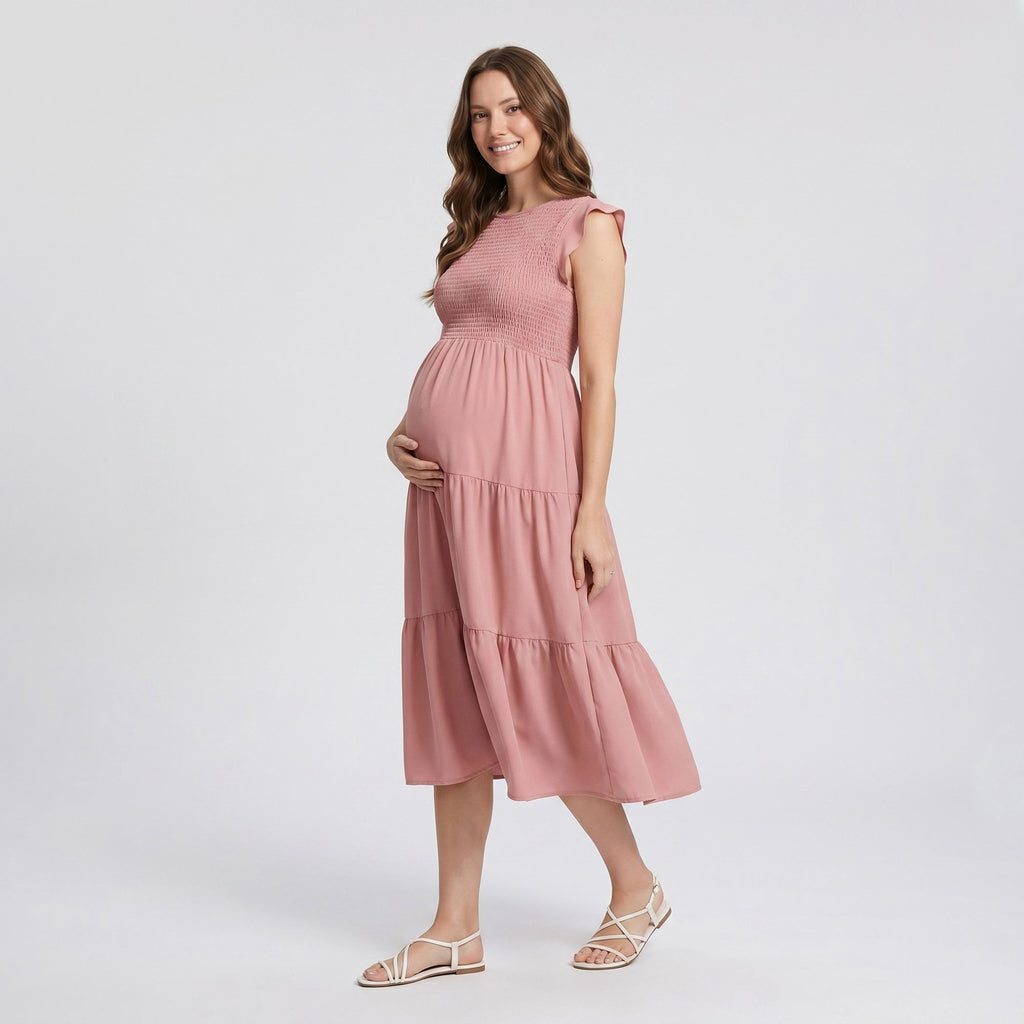 Maternity Smocked Tiered Midi Dress with Cap Sleeves and Round Neck