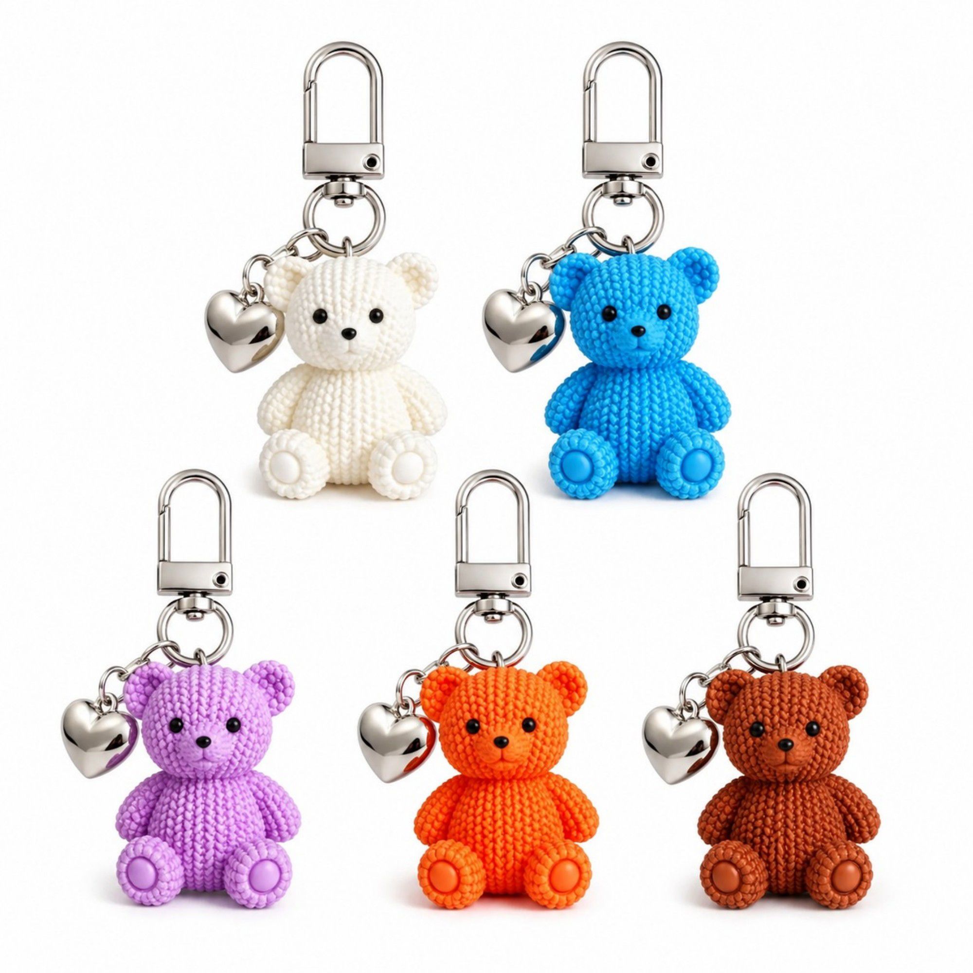 5pc Teddy Bear Keychain Bag Charms with Heart Pendant Clip for Bags Backpacks and Keys