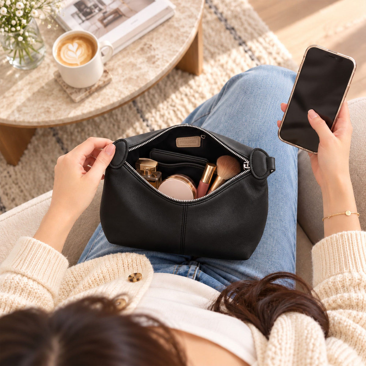 Small Shoulder Bag with Zip Closure Long Strap and Curved Top