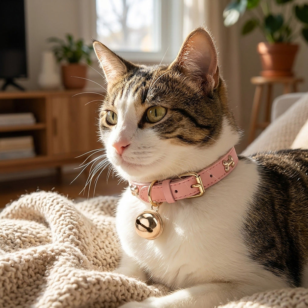 Adjustable Dog & Cat Collar with Paw Print Decoration and Bell Soft PU Leather