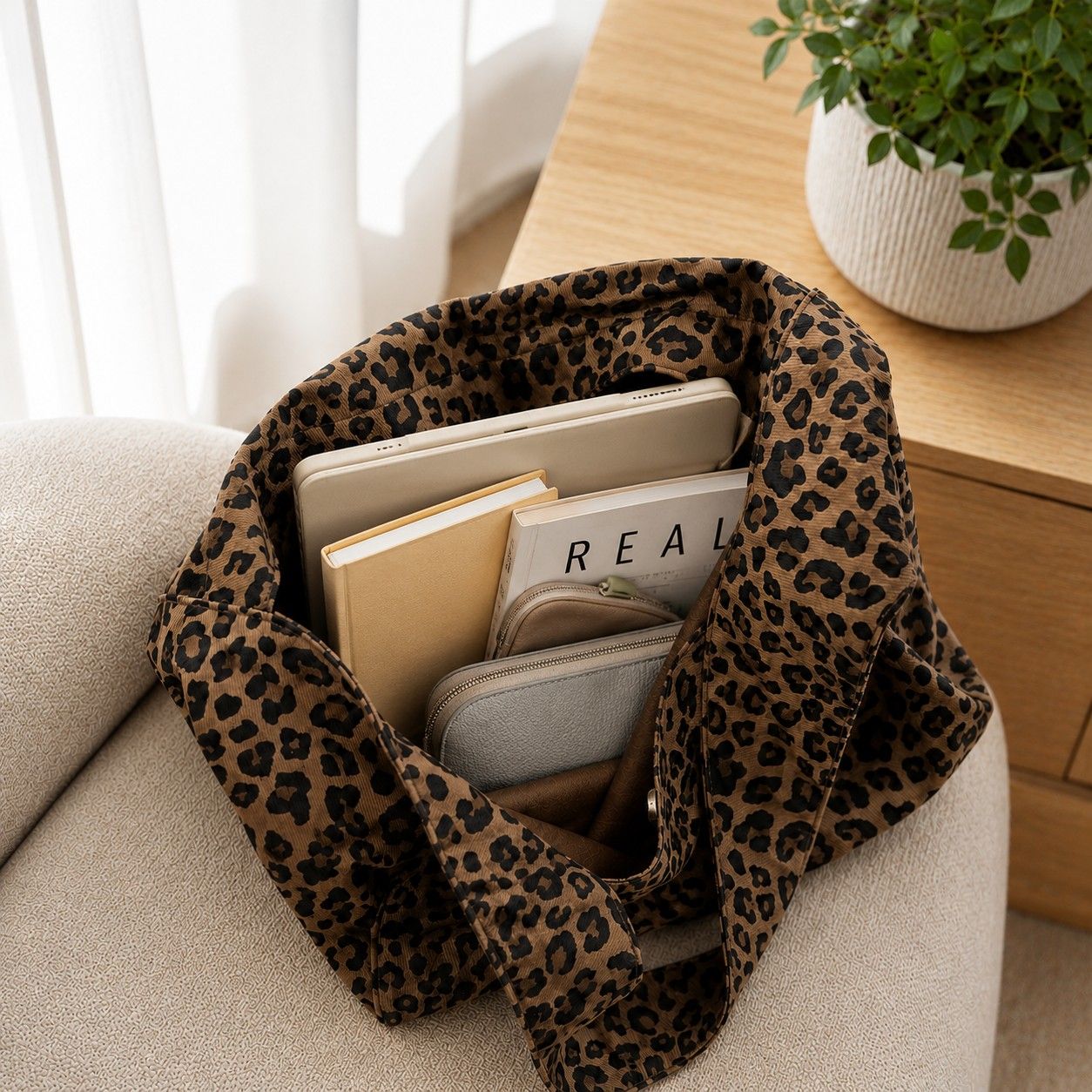 Leopard Print Fabric Tote Bag Soft Shoulder Bag with Magnetic Snap Closure