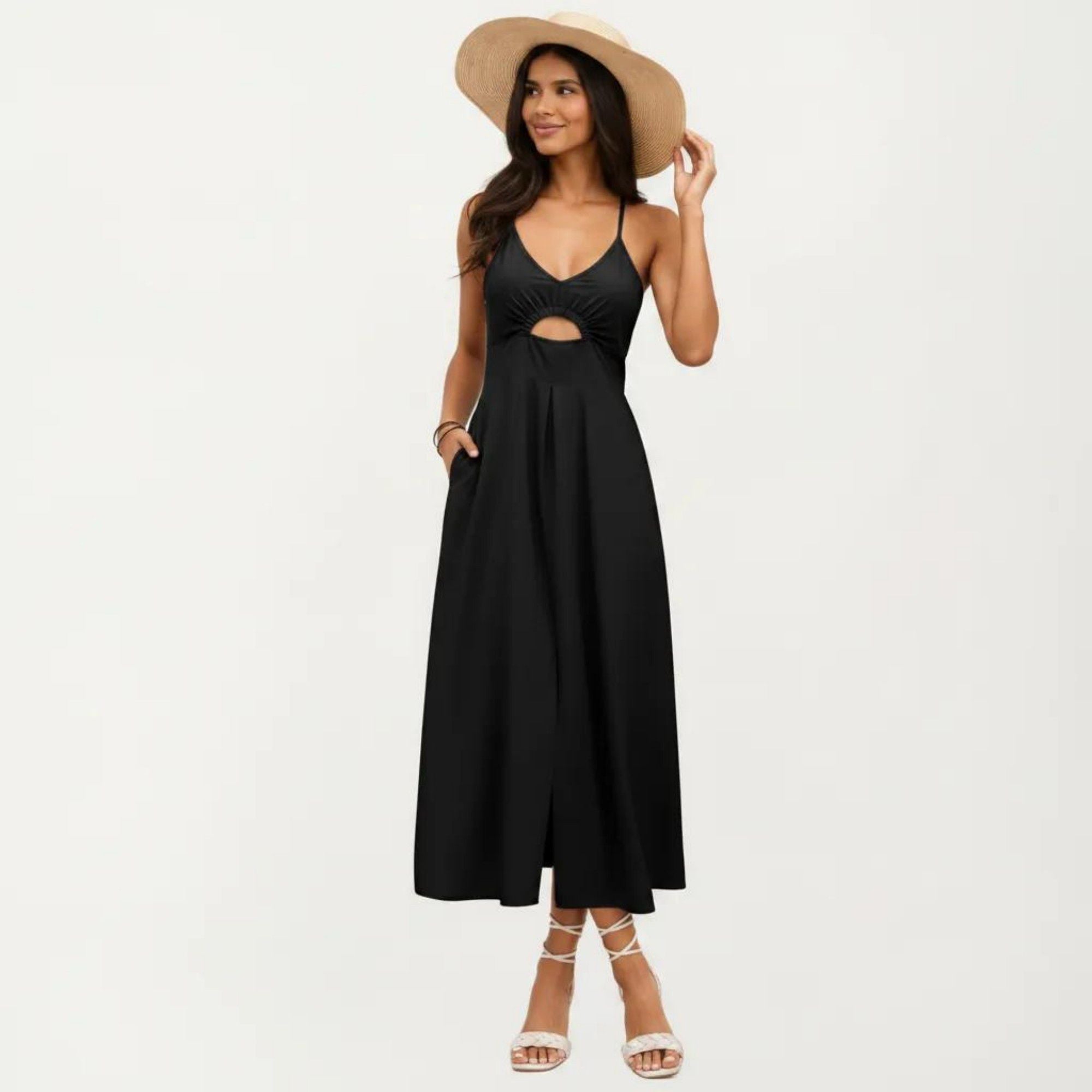 Anna-Kaci Women's Sleeveless Maxi Dress with Cutout Front and Smocked Back