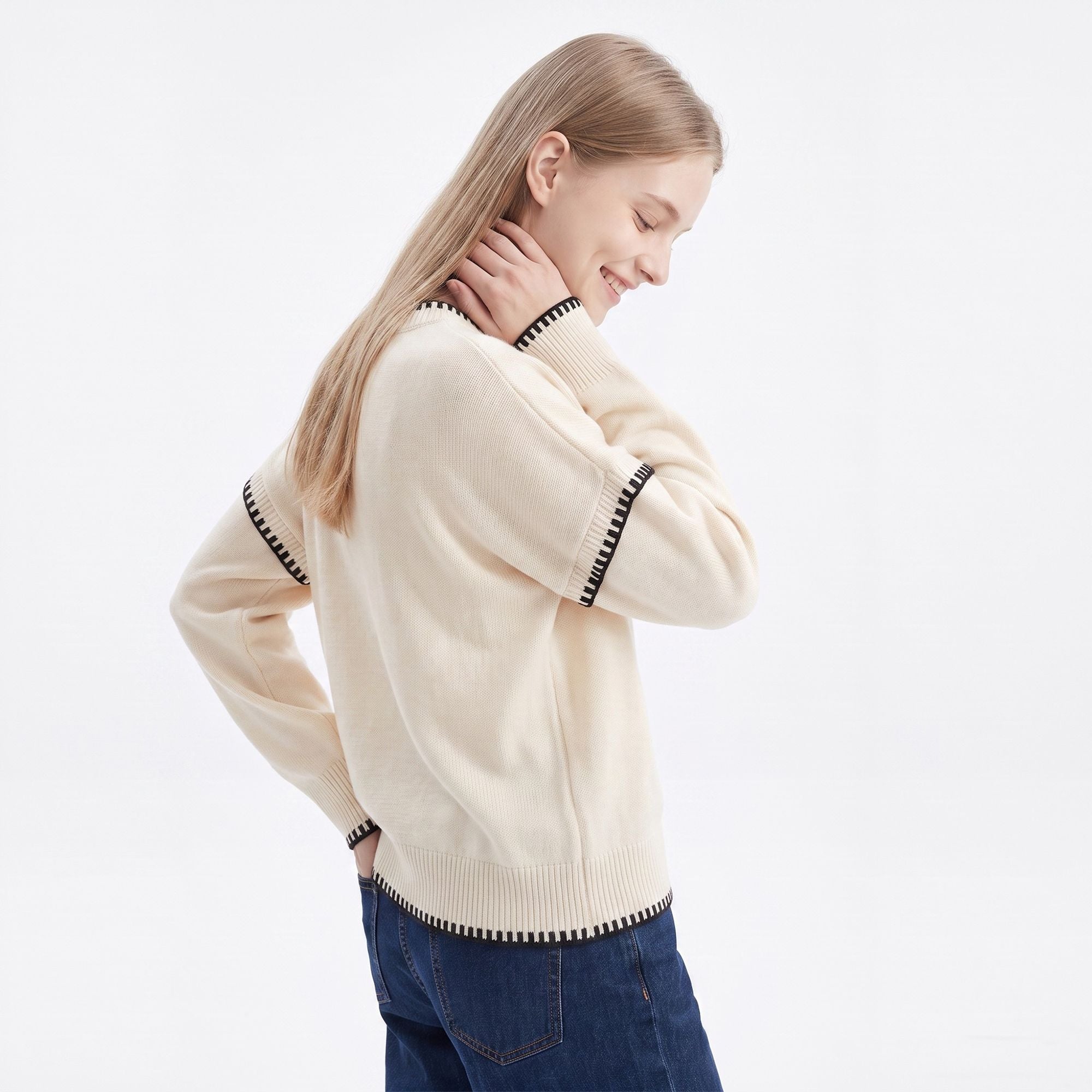 Contrast Stitch Crewneck Long Sleeve Knit Sweater