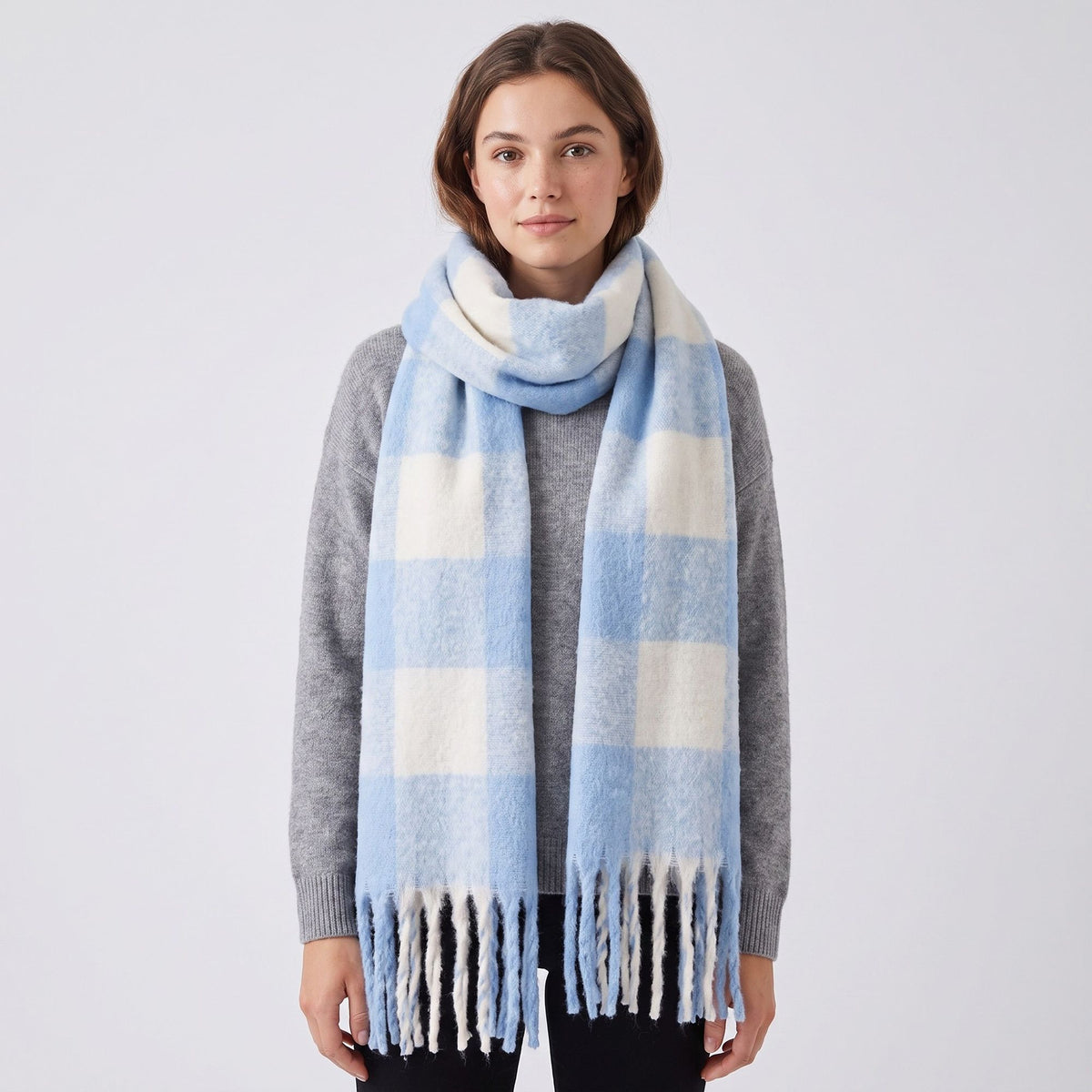 Oversized Plaid Scarf with Fringe Soft Brushed Winter Wrap