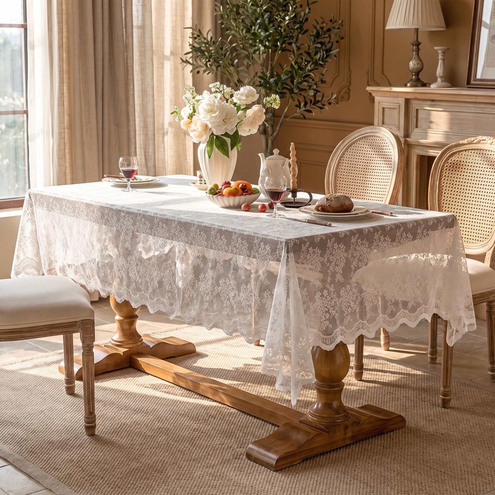Off White Floral Lace Square Tablecloth with Scalloped Edges 55.1x55.1in