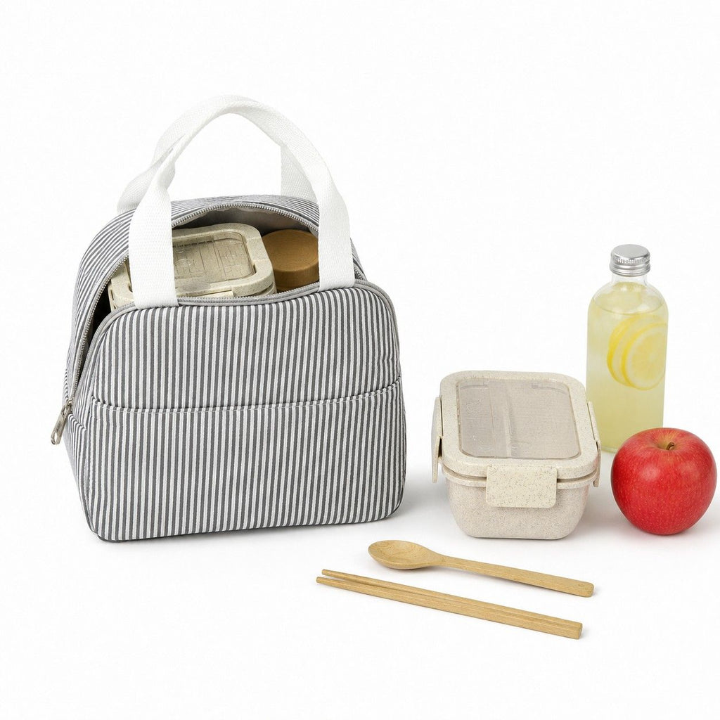 Striped Insulated Lunch Tote Bag with Front Pocket and Zip Closure