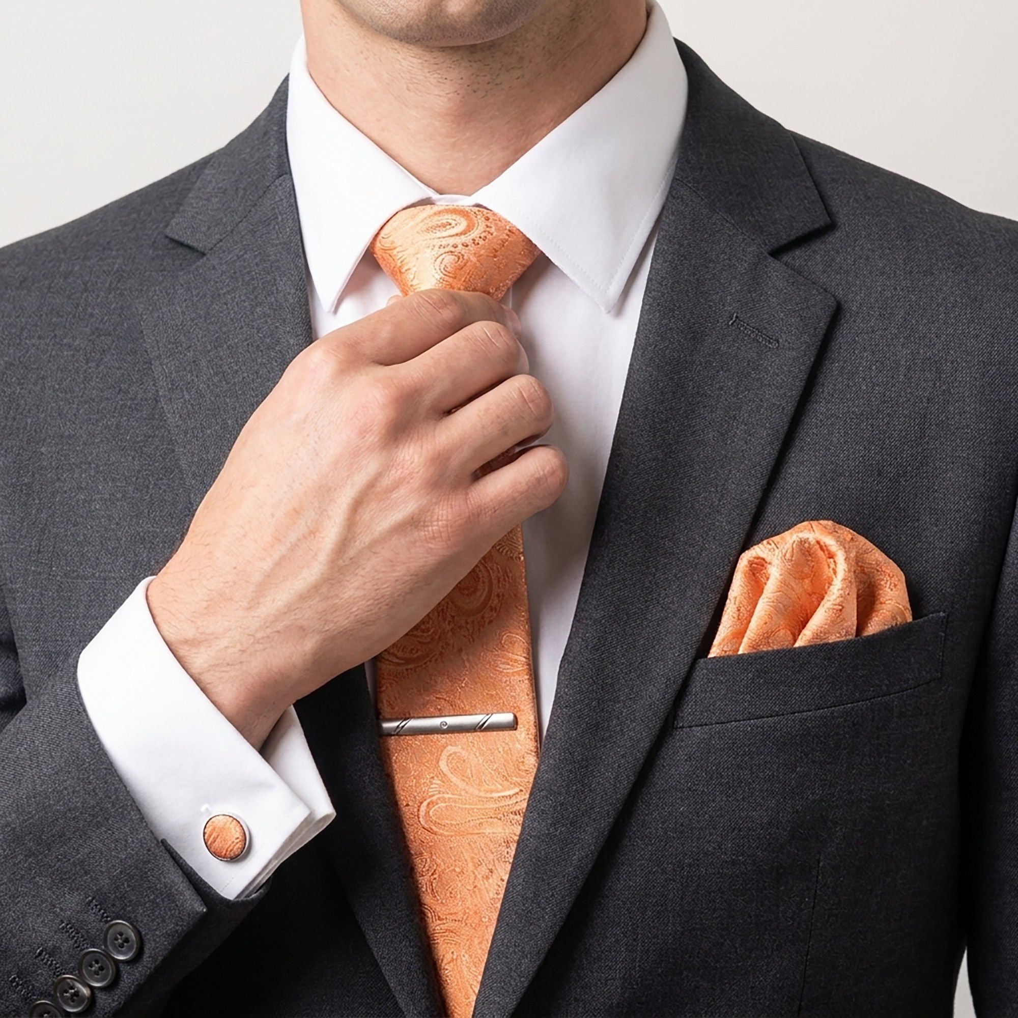 Men's Paisley Floral Tie Gift Set with Matching Pocket Square Cufflinks and Silver Tie Clip
