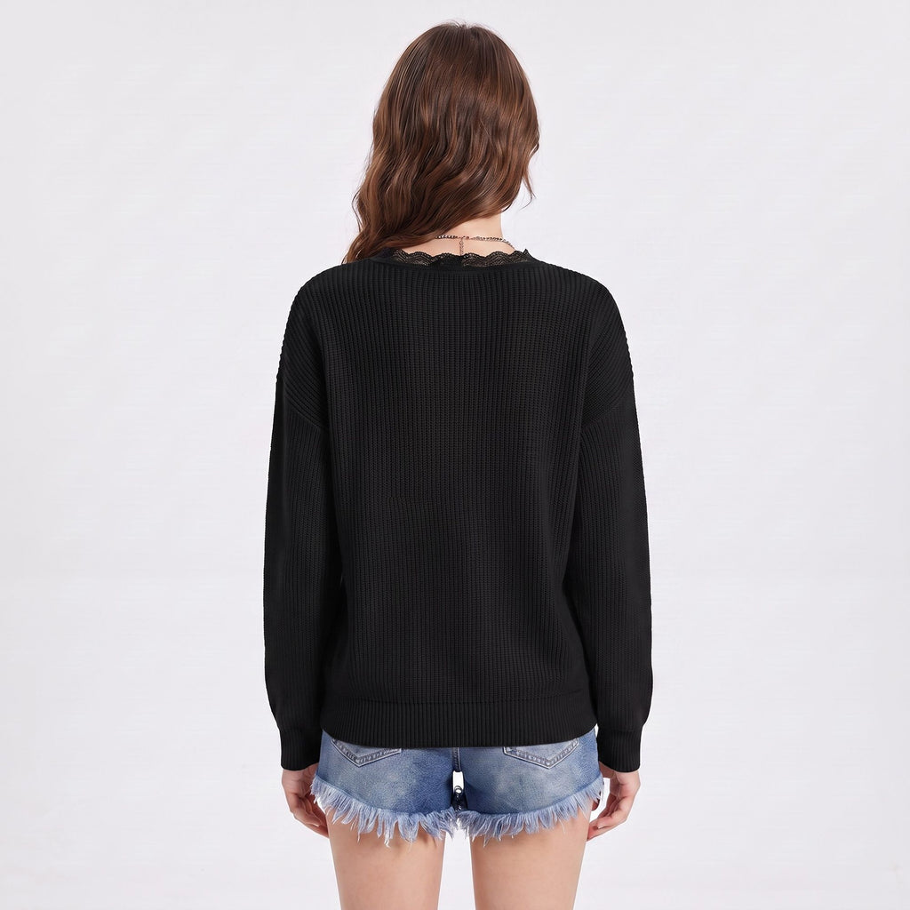 Lace Trim V Neck Long Sleeve Knit Pullover Sweater