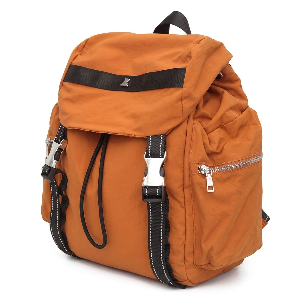 Flap Drawstring Backpack with Dual Buckle Straps and Zippered Side Pockets