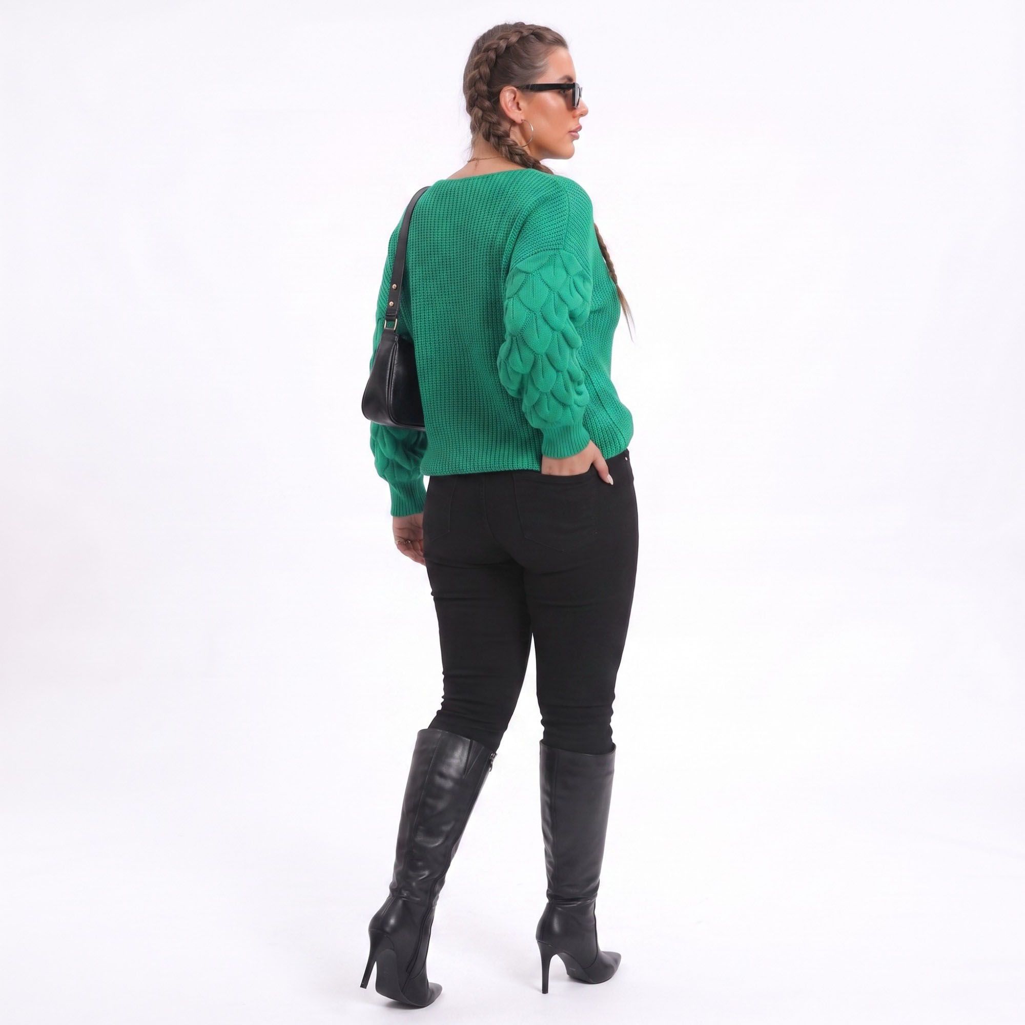 Plus Size V-Neck Textured Sleeve Pullover Sweater