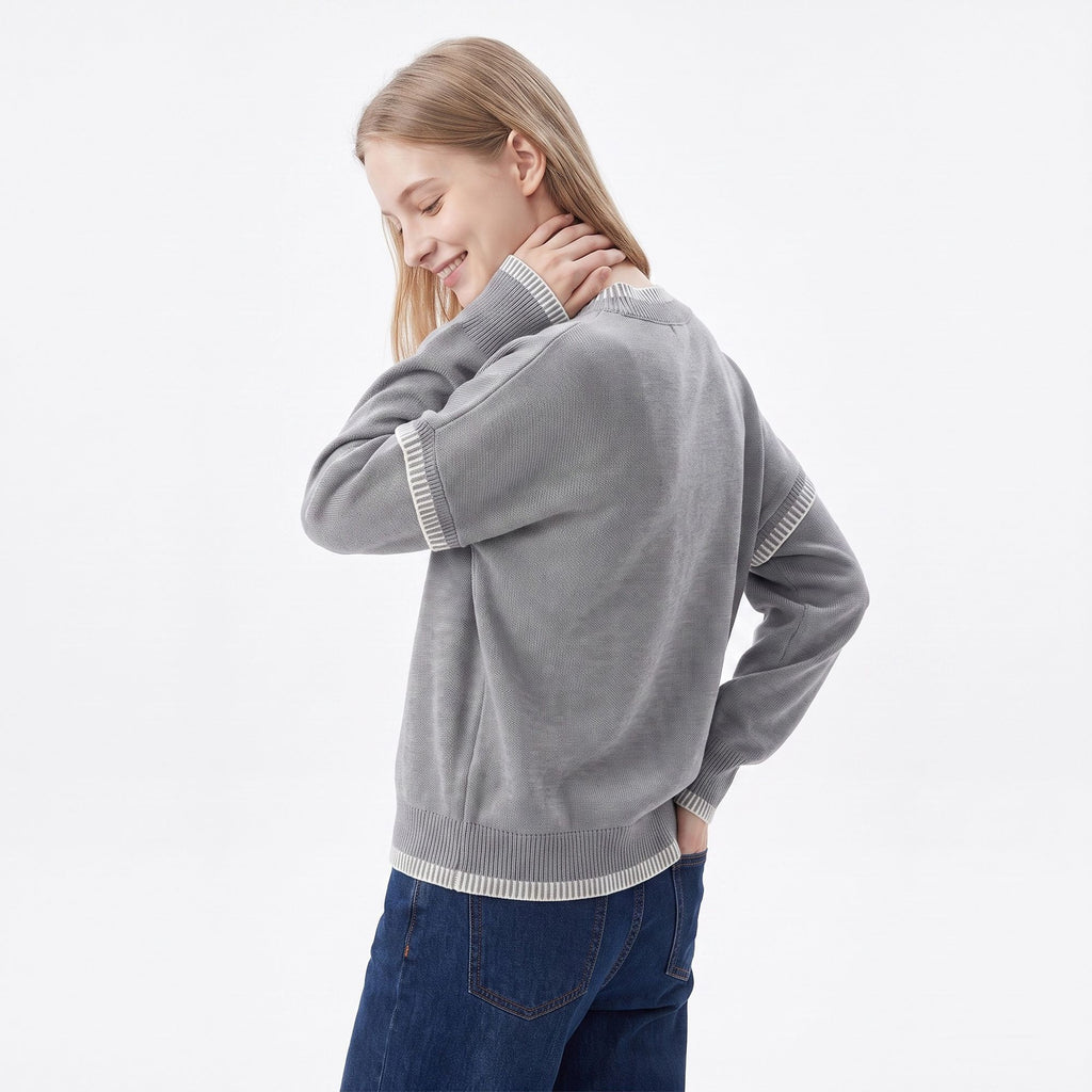 Contrast Stitch Crewneck Long Sleeve Knit Sweater