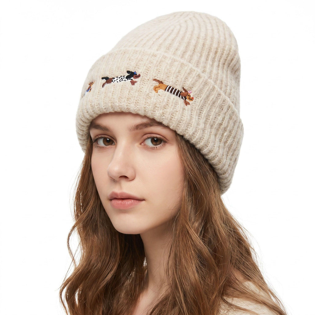 Embroidered Dachshund Knit Beanie Ribbed Cuff Winter Hat
