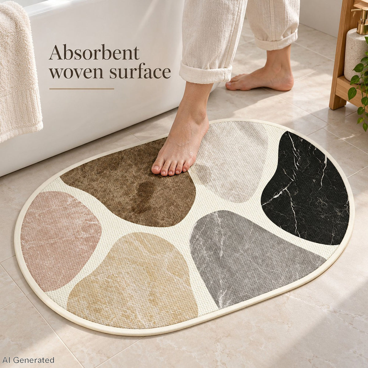 Oval Absorbent Bath Mat with Abstract Stone Print