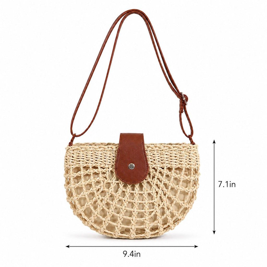 Woven Straw Crescent Crossbody Handbag with Adjustable Shoulder Strap