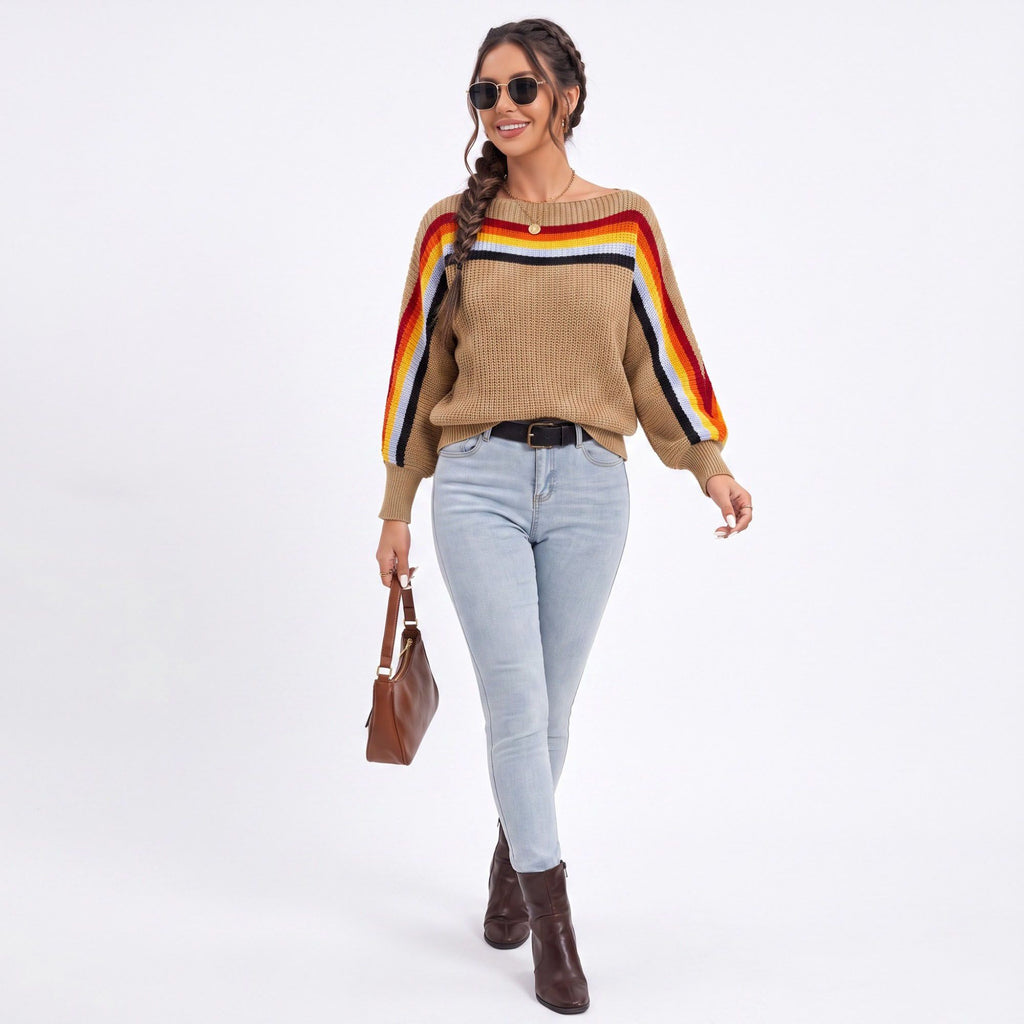 Rainbow Stripe One Shoulder Balloon Sleeve Knit Sweater