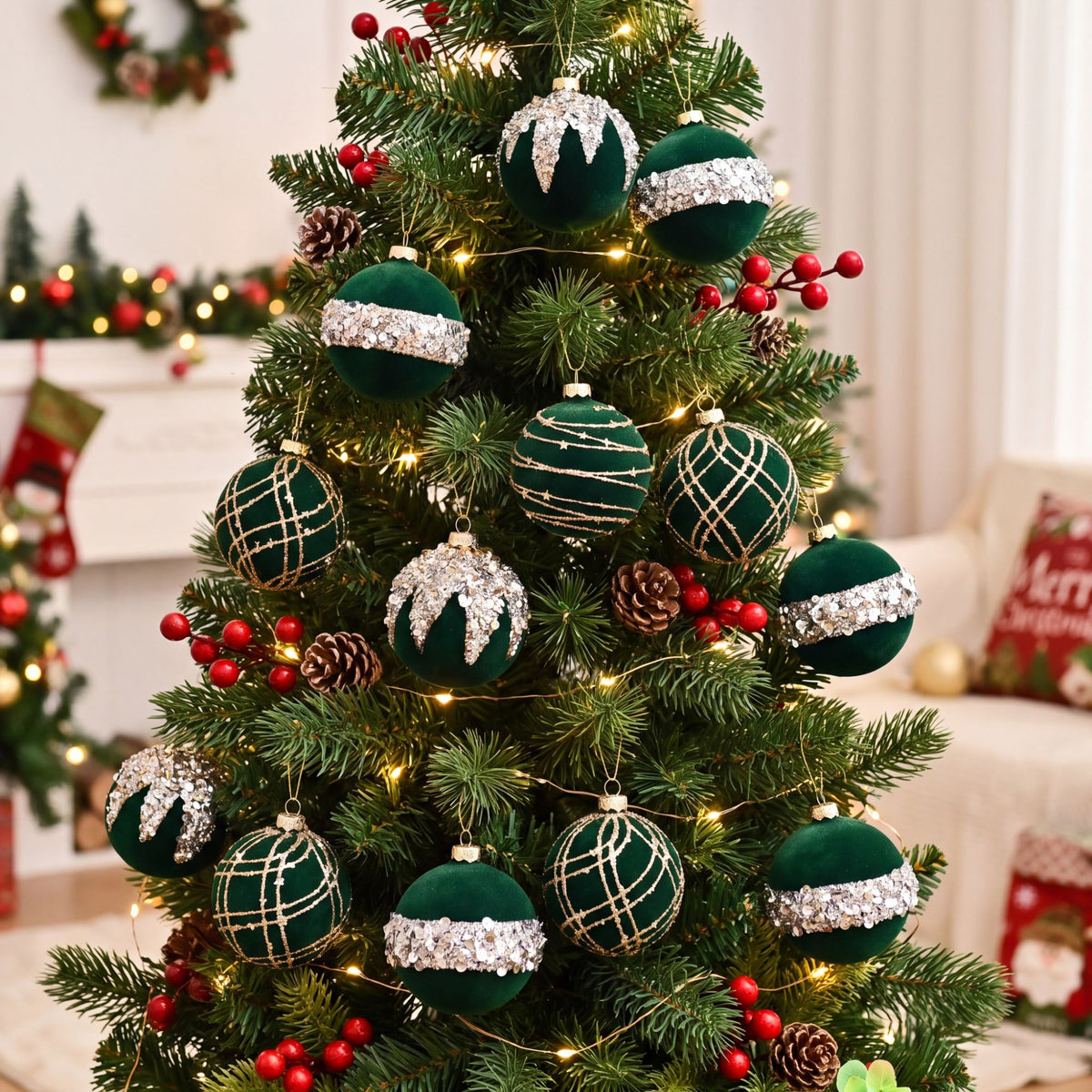 12ct Flocked Christmas Ball Ornament Set with Glitter Beaded Holiday Tree Decorations