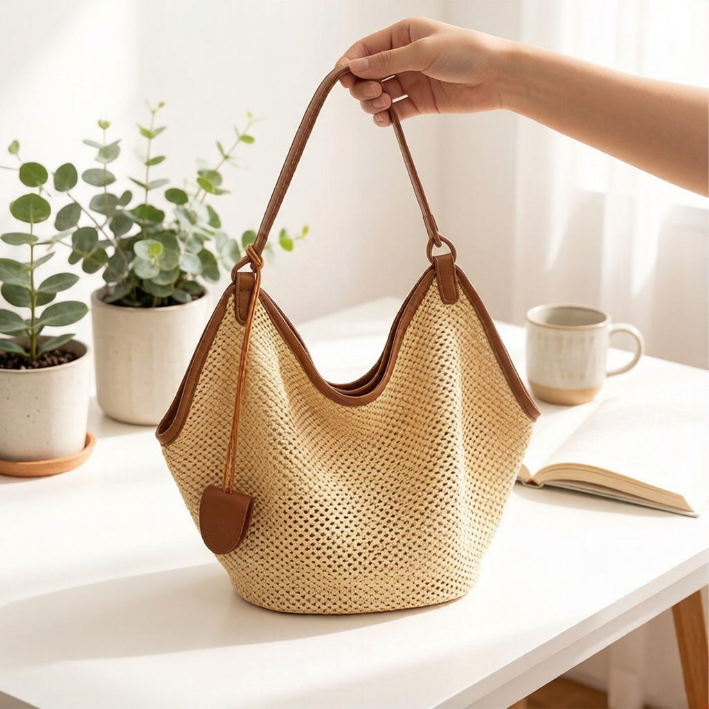 Woven Shoulder Bag with Faux Leather Trim Slouchy Hobo Handbag Lightweight Large Capacity Tote