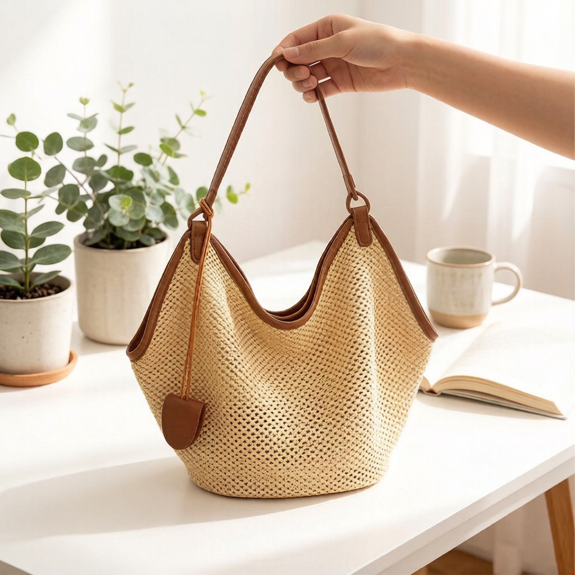 Woven Shoulder Bag with Faux Leather Trim Slouchy Hobo Handbag Lightweight Large Capacity Tote