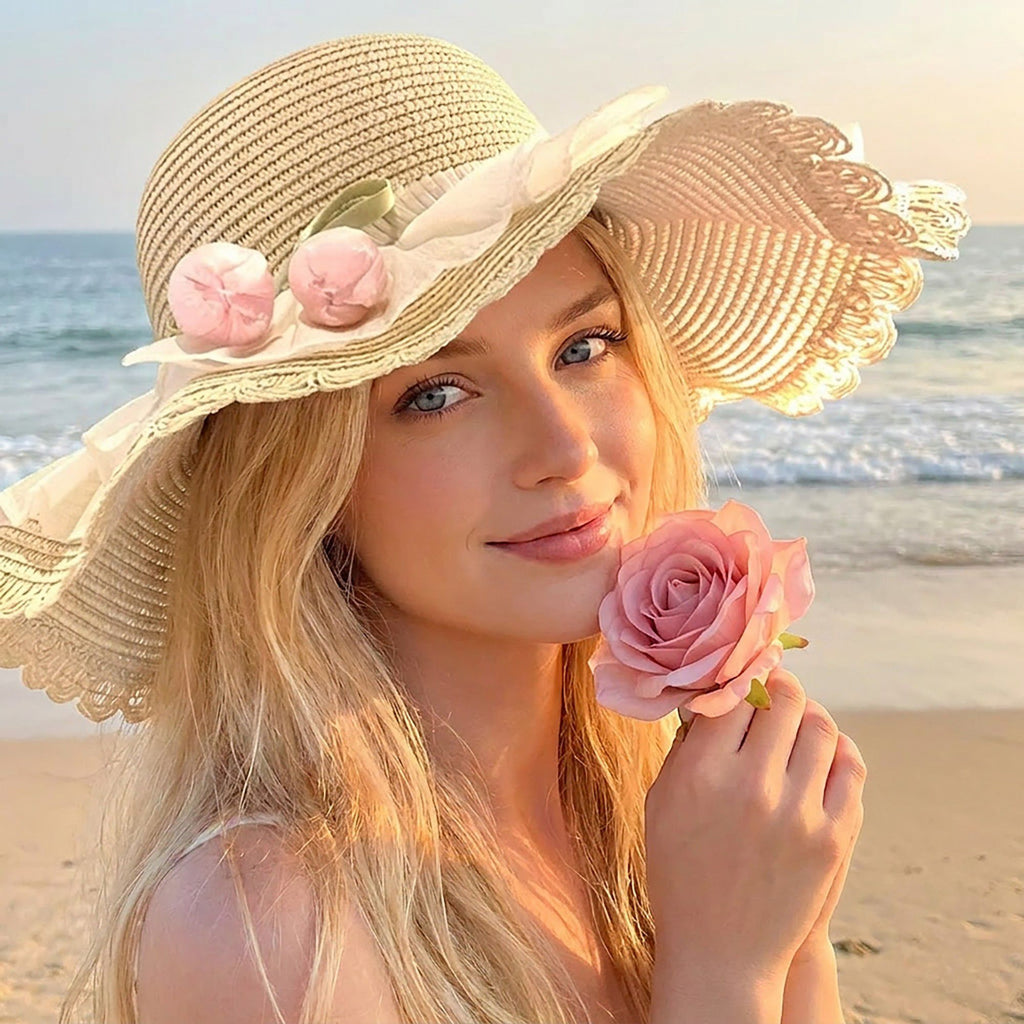 Wide Brim Straw Sun Hat with Pleated Sheer Brim Bow Accent and Floral Trim