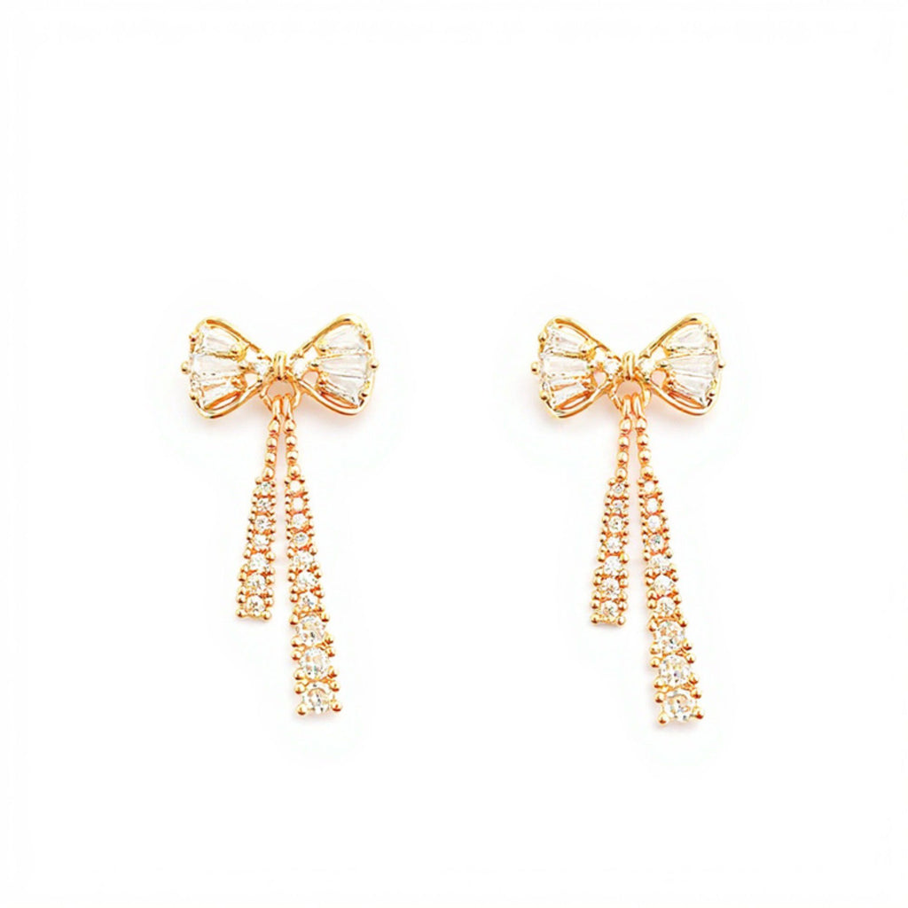 Elegant Bow Drop Earrings with Sparkling Tapered Accents and Delicate Dangling Strands for a Refined Feminine Statement Look